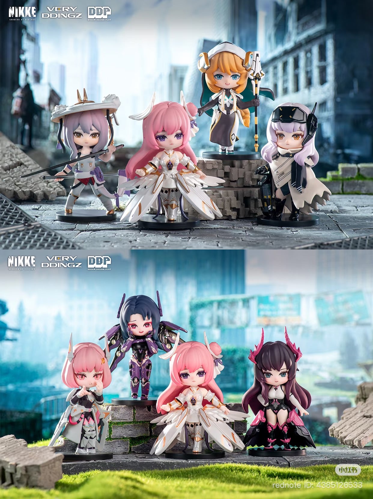 Chibi-style NIKKE: Goddess of Victory Blind Box figures in fantasy costumes, displayed in a ruined-city diorama. Preorder for six regular designs or a secret version.