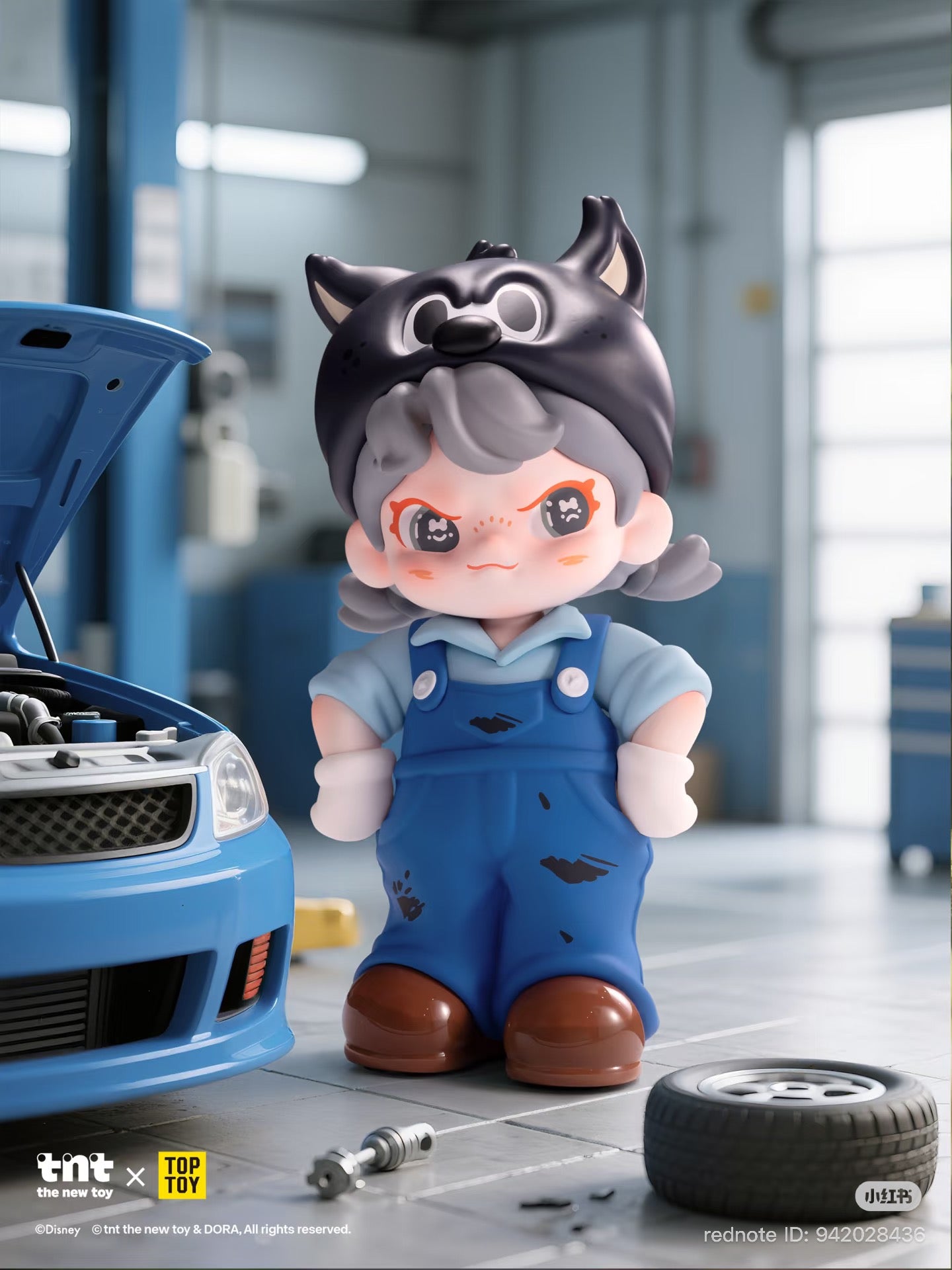 Chibi-style mechanic figure from Disney DORA loves Mickey series in a workshop, featuring blue overalls and wolf-ear hat, alongside a small blue car.