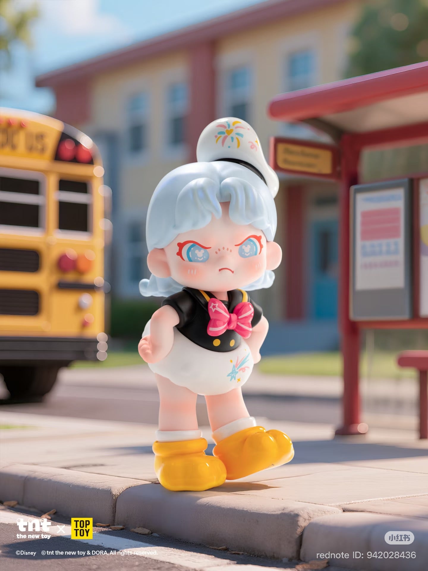 Disney DORA loves Mickey series collectible figure at bus stop, featuring chibi design with fireworks motifs, part of a preorder set from Strangecat Toys.