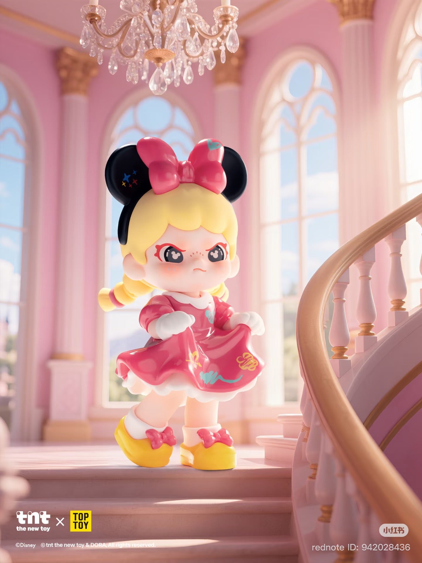 Collectible vinyl Disney DORA loves Mickey toy figure with mouse ears and pink dress, standing on a pastel-pink staircase, available for preorder at Strangecat Toys.