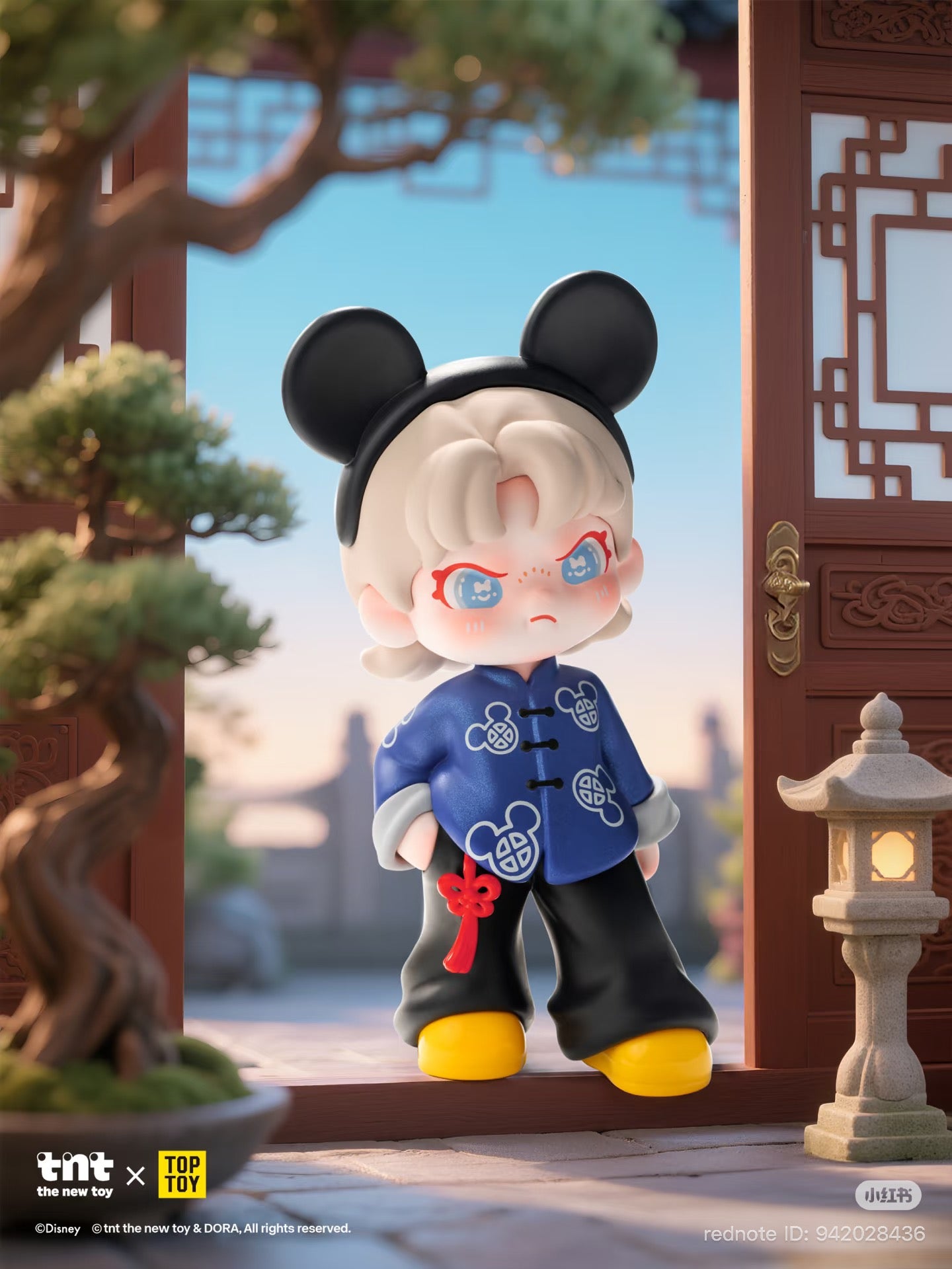 Disney DORA loves Mickey series figure in a blue jacket, standing in a wooden doorway with bonsai and lantern. Part of a limited-edition designer-toy collaboration.