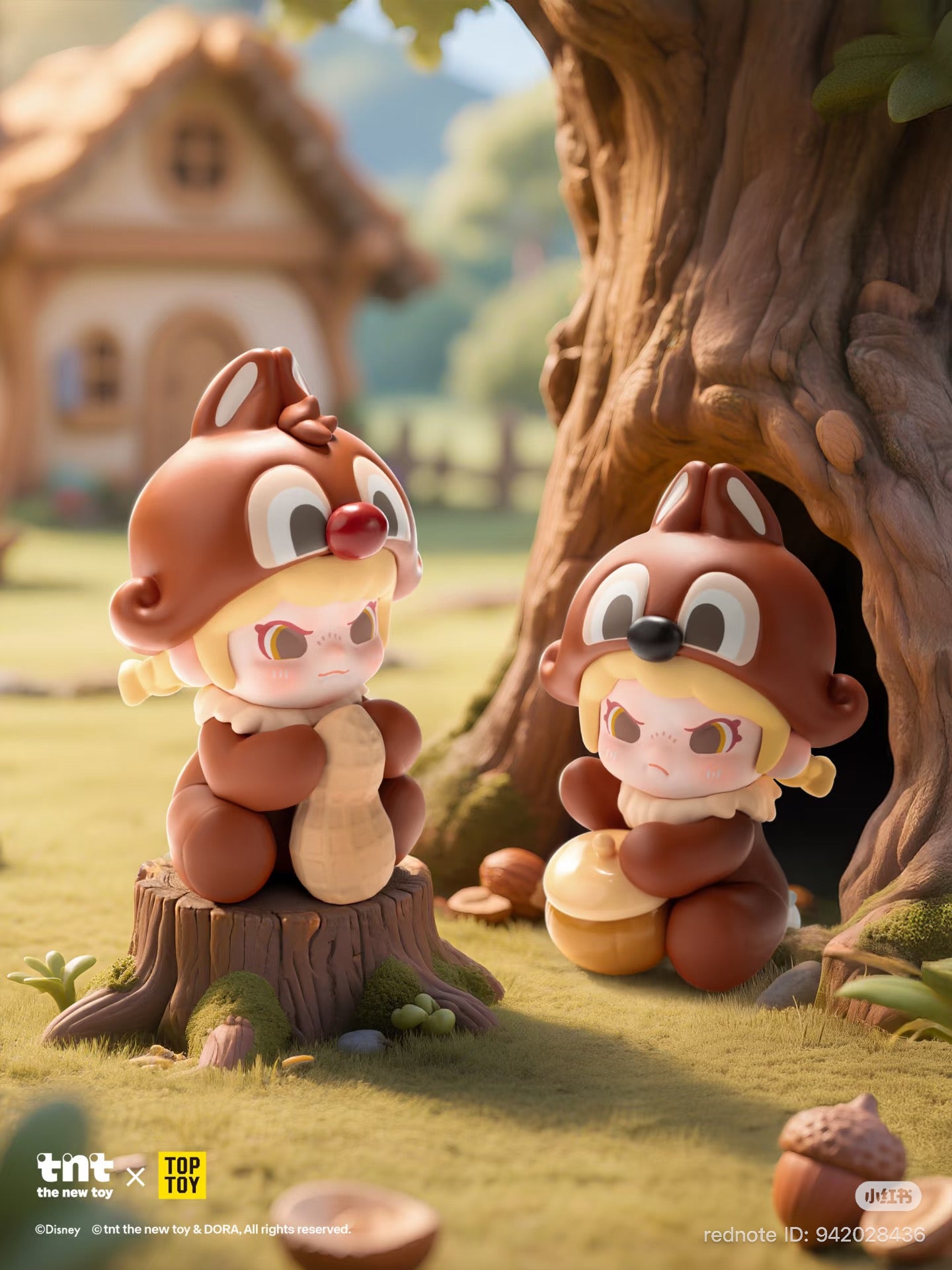 Chibi-style Chip & Dale figures from Disney DORA loves Mickey series, posed on a woodland diorama, part of collectible designer toys by tnt the new toy x TOP TOY.