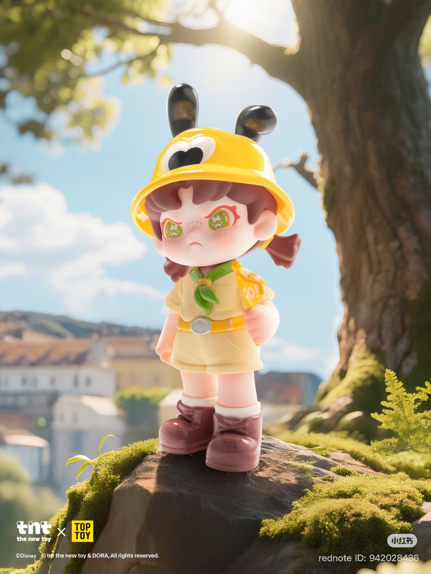 Vinyl-toy figure of Disney DORA loves Mickey series, featuring a scout-themed girl with cartoonish eyes, on a mossy rock; promotional render for collectible toy collaboration.