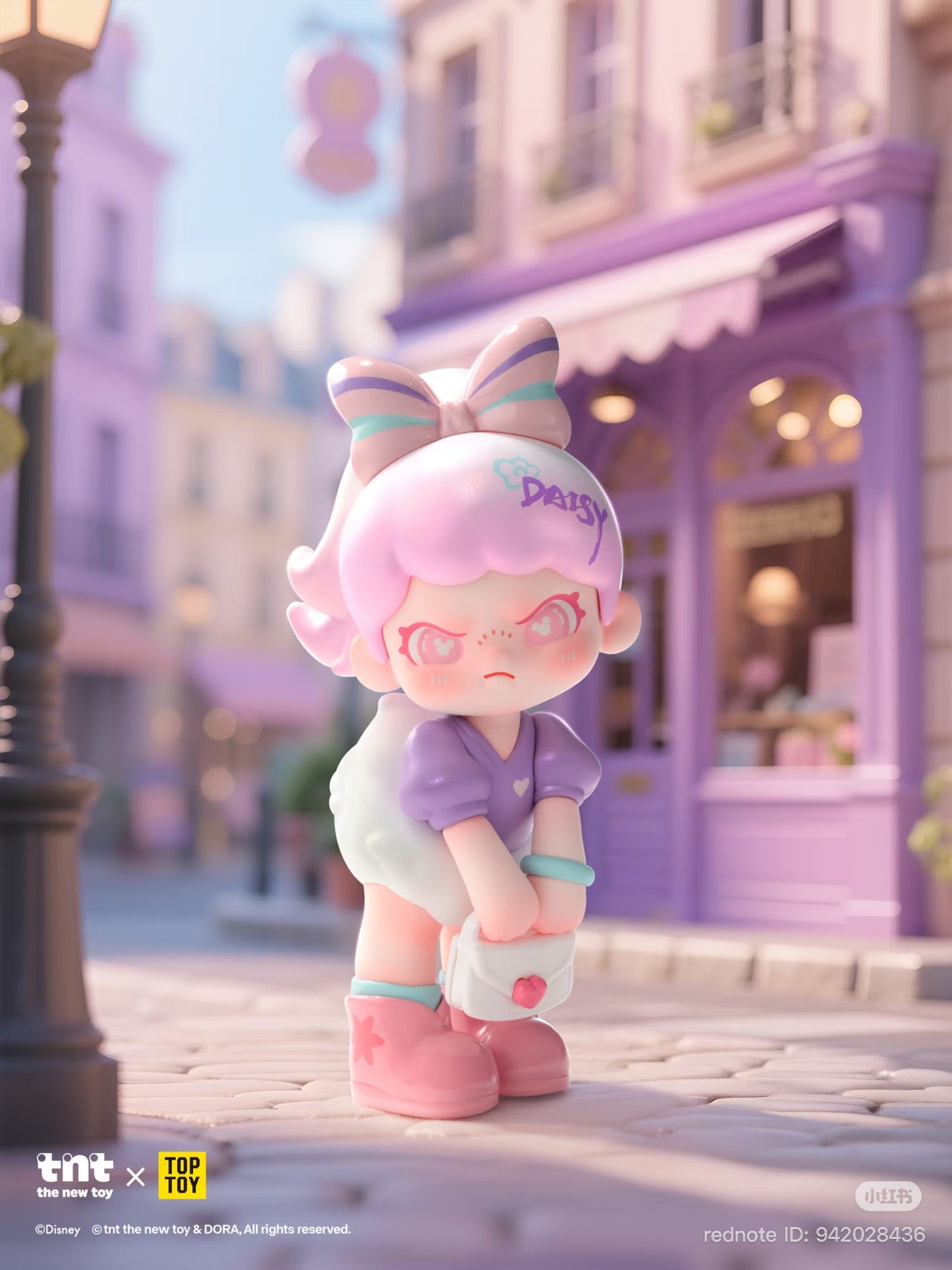 Disney DORA loves Mickey series figure, featuring a pink-haired girl with a heart-themed outfit, set against a pastel storefront. Preorder for Strangecat Toys' collectible collection.