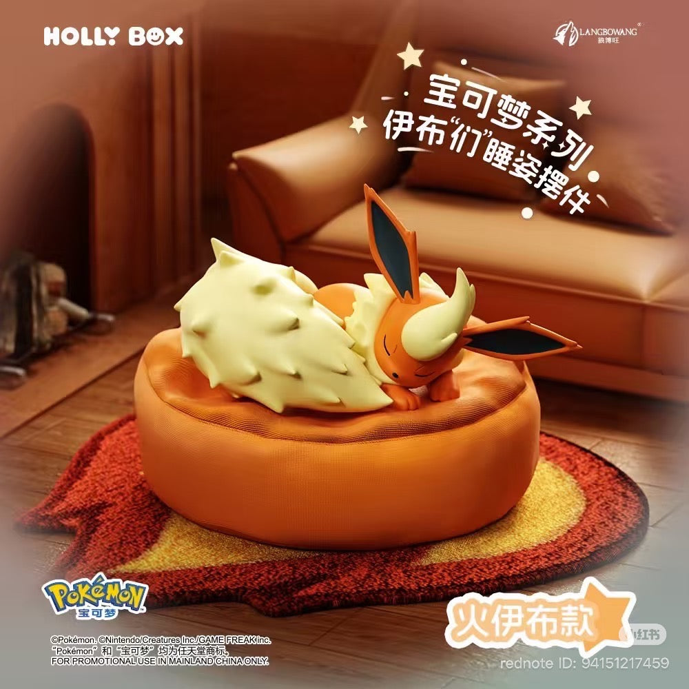 Flareon asleep on an orange cushion, part of the Pokémon Eeveelutions Sleeping Pose Figures Series Blind Box by HOLLY BOX / Langbo Wang, available for preorder.