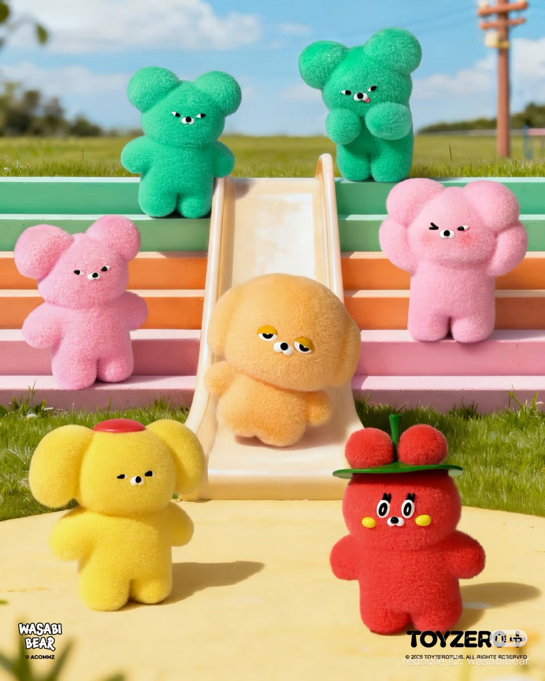 Wasabi Bear Outing Pals Series Blind Box features seven pastel bear figures on a playground, including a red bear with a fruit hat, each with a matching pouch.