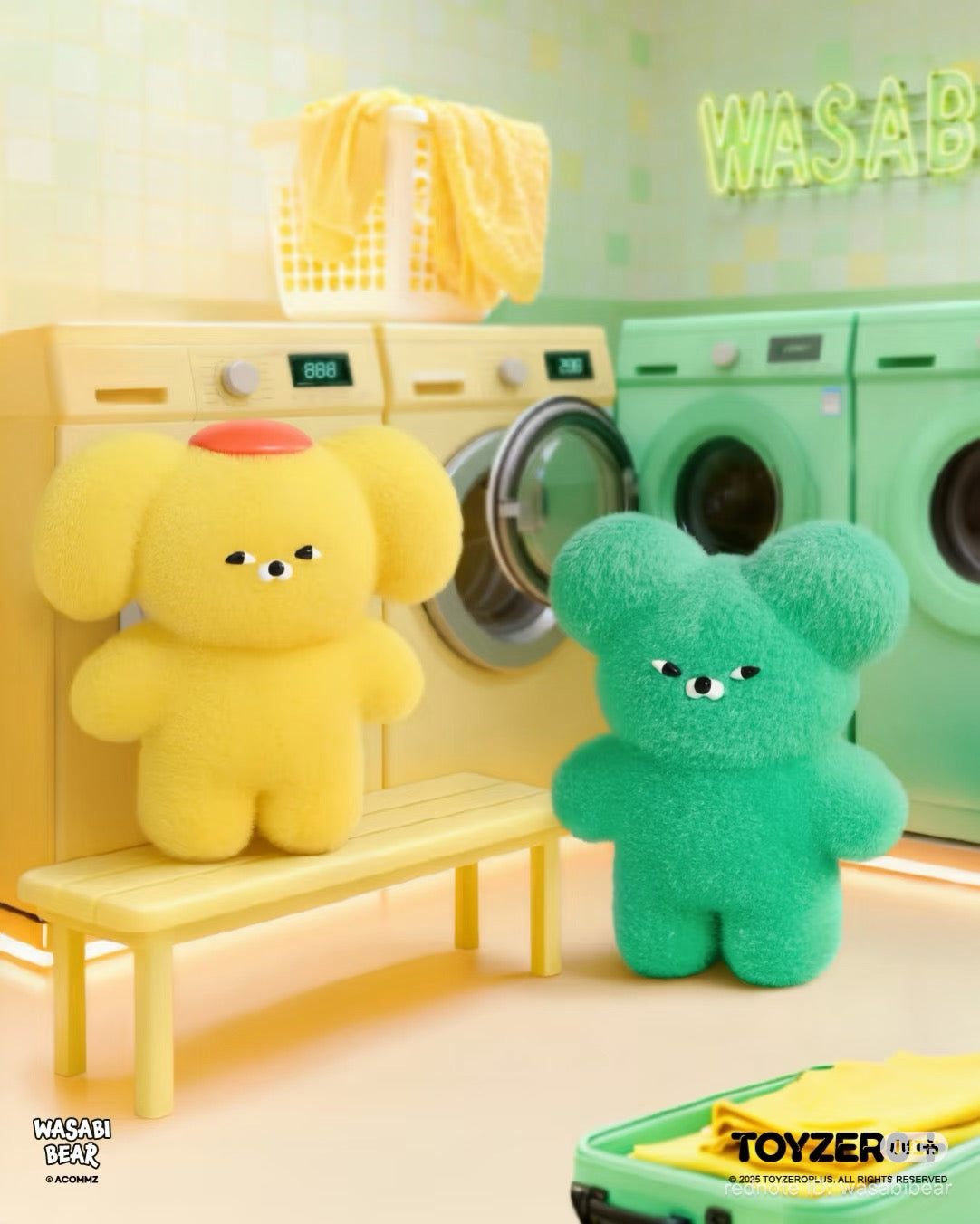 Wasabi Bear Outing Pals Series Blind Box features two plush characters in a pastel laundromat, highlighting the vibrant, playful design of this collectible toy series.