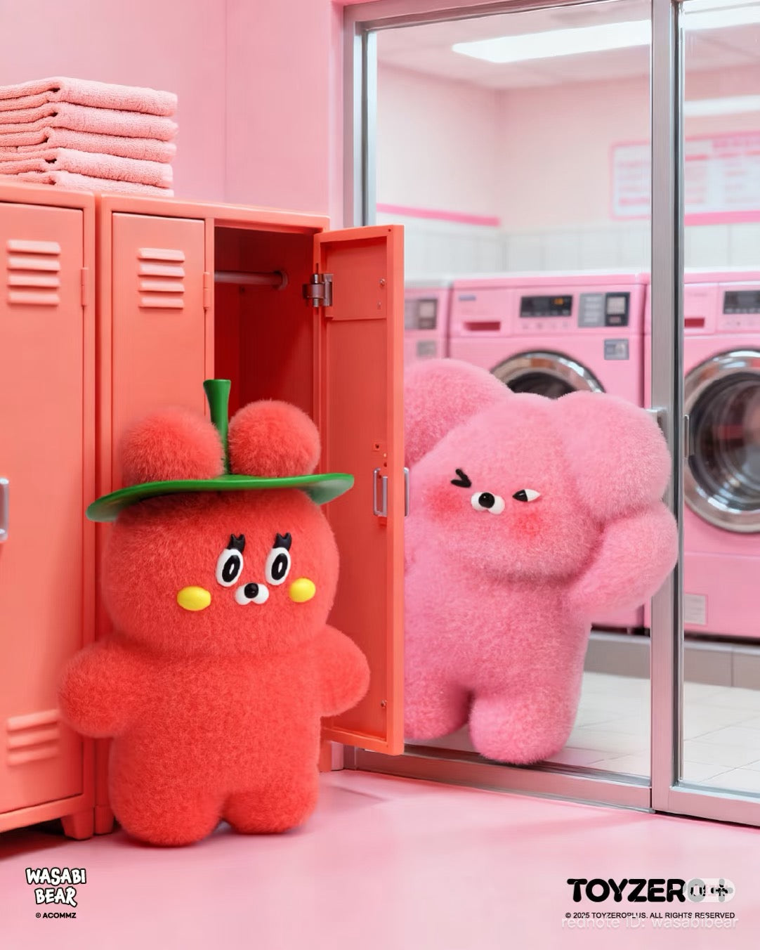 Wasabi Bear Outing Pals Series Blind Box features cartoon bears in a pastel-pink laundromat, highlighting playful, collectible toy designs.