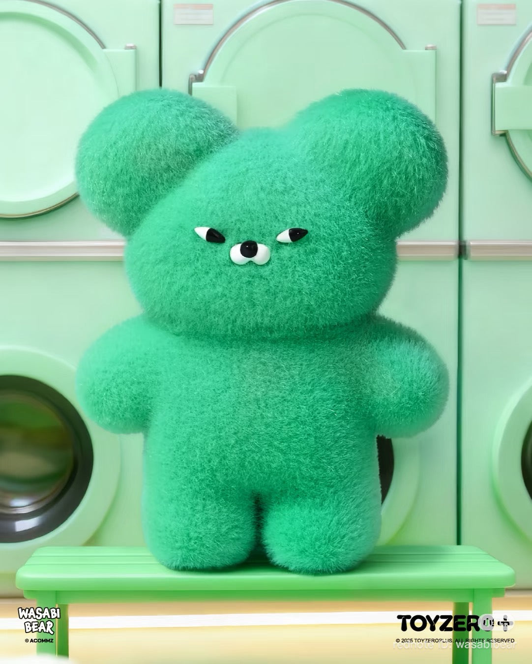 Wasabi Bear Outing Pals Series Blind Box toy on a bench with washing machines, showcasing its whimsical, fuzzy design; available for preorder at Strangecat Toys.