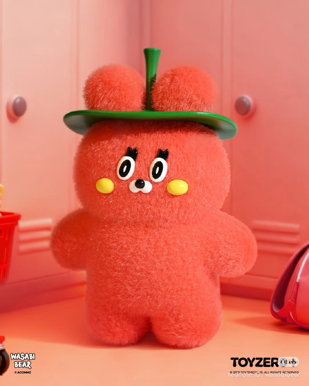 Wasabi Bear Outing Pals Series Blind Box features a fuzzy red bear toy with big eyes, pom-pom ears, and a green leaf hat.