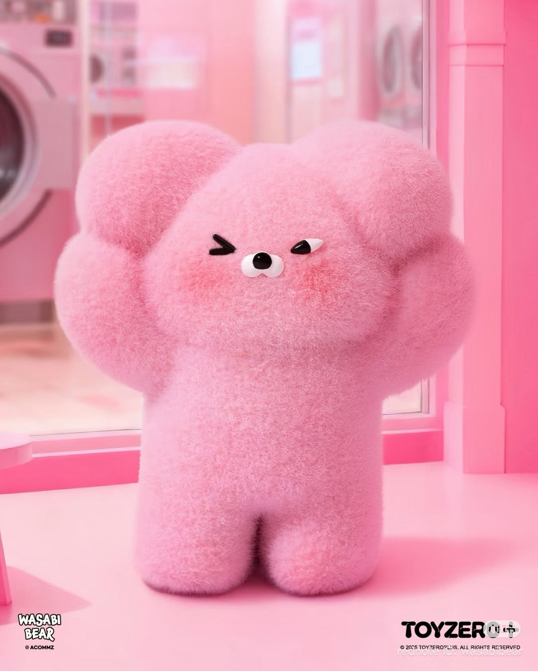 Wasabi Bear Outing Pals Series Blind Box featuring a fluffy pink bear toy with a winking eye, part of a collectible art toy series.