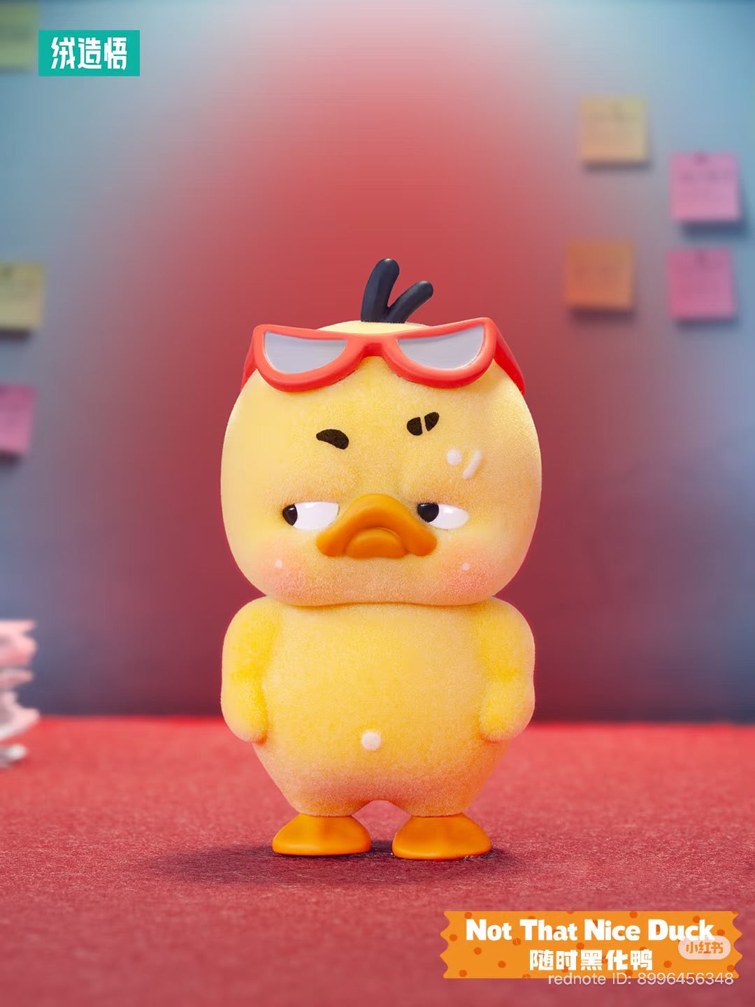 Upsetduck Stop The Spiral Duck Blind Box shows a stylized yellow duck with red sunglasses, orange beak, and feet, featuring a grumpy expression. Preorder available.