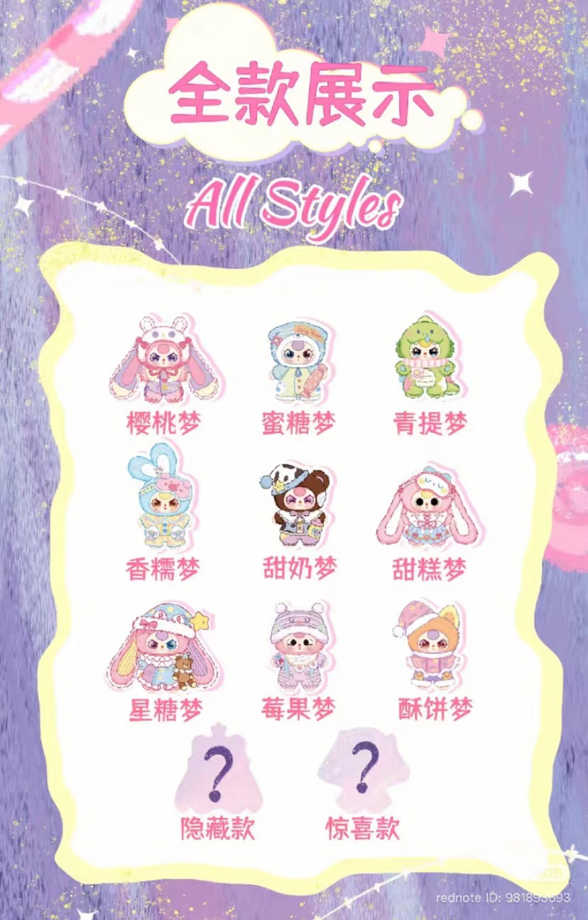 Baby Three Sweet Dreams 400% Plush Series Blind Box featuring nine dessert-themed characters and two hidden styles, each as a cute bunny or bear mascot.