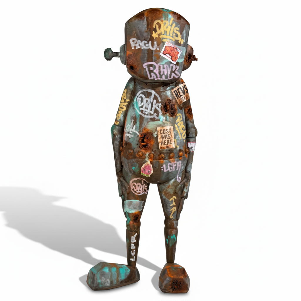 Urban Camo Robot by Robots Will Kill x DrilOne: a 9.5 resin art sculpture, weathered and graffiti-laden, resembling a street-tagged automaton with distinct humanoid features.
