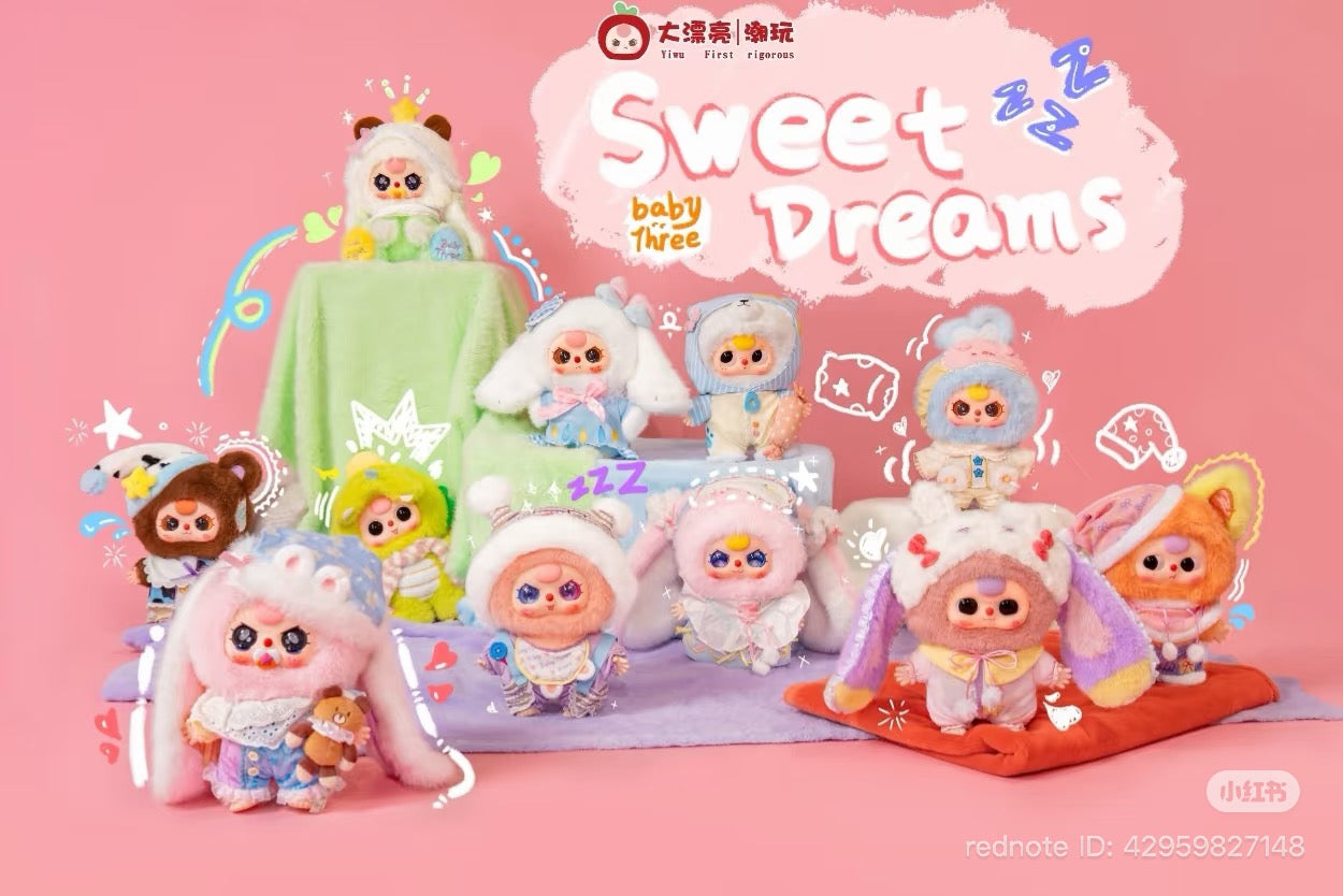 Baby Three Sweet Dreams 400% Plush Series Blind Box, featuring plush dolls in animal costumes with doodles and branding elements, highlighting its collectible nature.