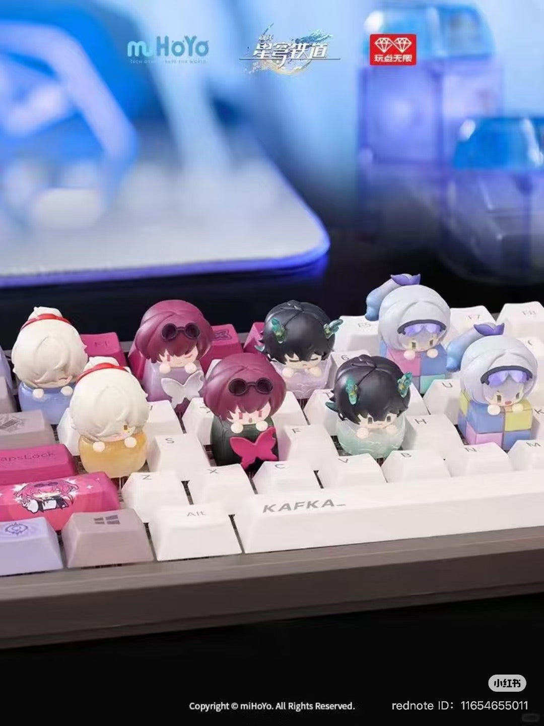 Honkai Impact 3rd Keycap Pendant Blind Box Series featuring cartoon character keycaps displayed on a keyboard. Preorder for complete set of 8 designs.