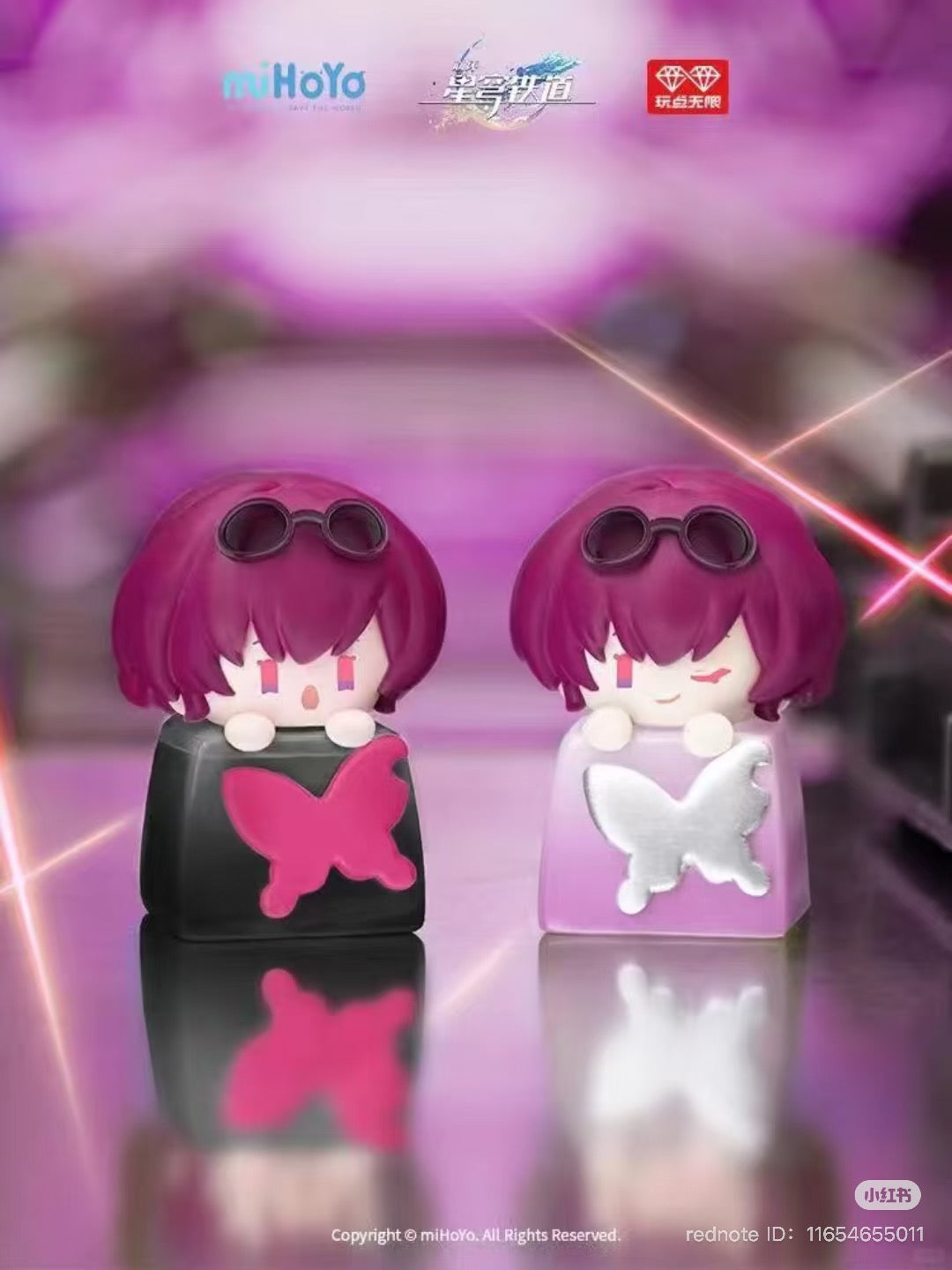 Honkai Impact 3rd Keycap Pendant Blind Box Series featuring figurines of a girl with purple hair and sunglasses, part of an 8-design collection.