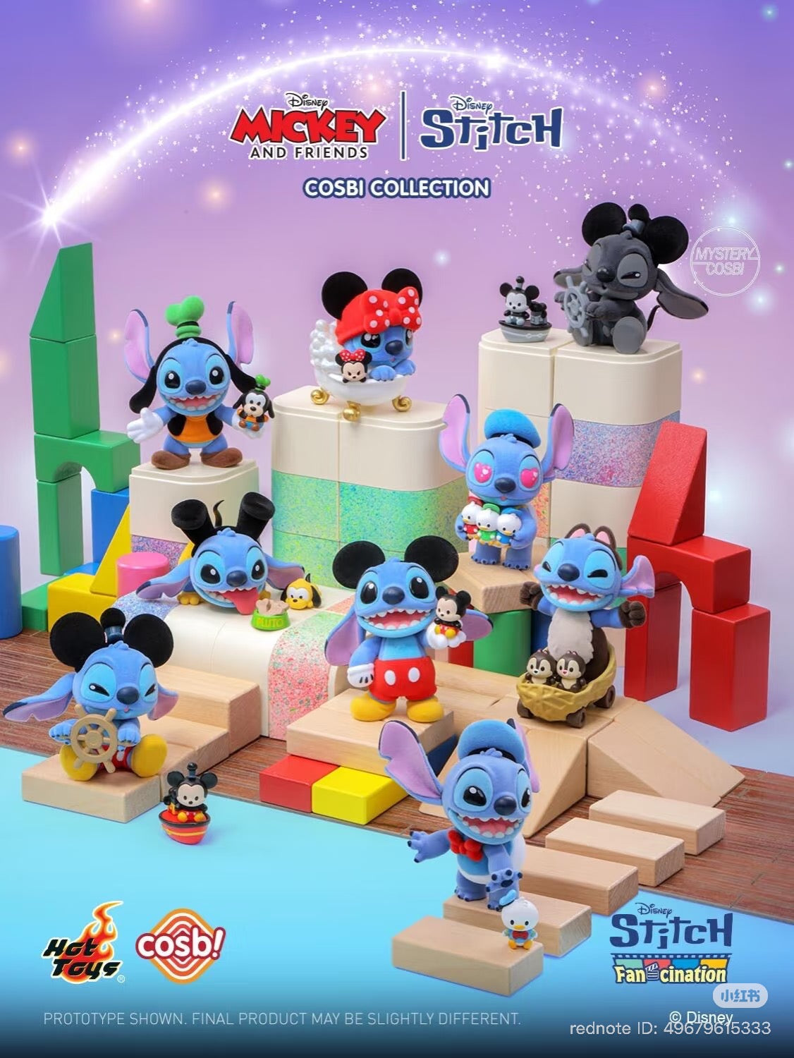 Stitch Fan-Cination Mickey & Friends Stitch Cosbi Collection features nine stylized Stitch figures, each dressed as a classic Disney character with matching Tsum-Tsum companions.