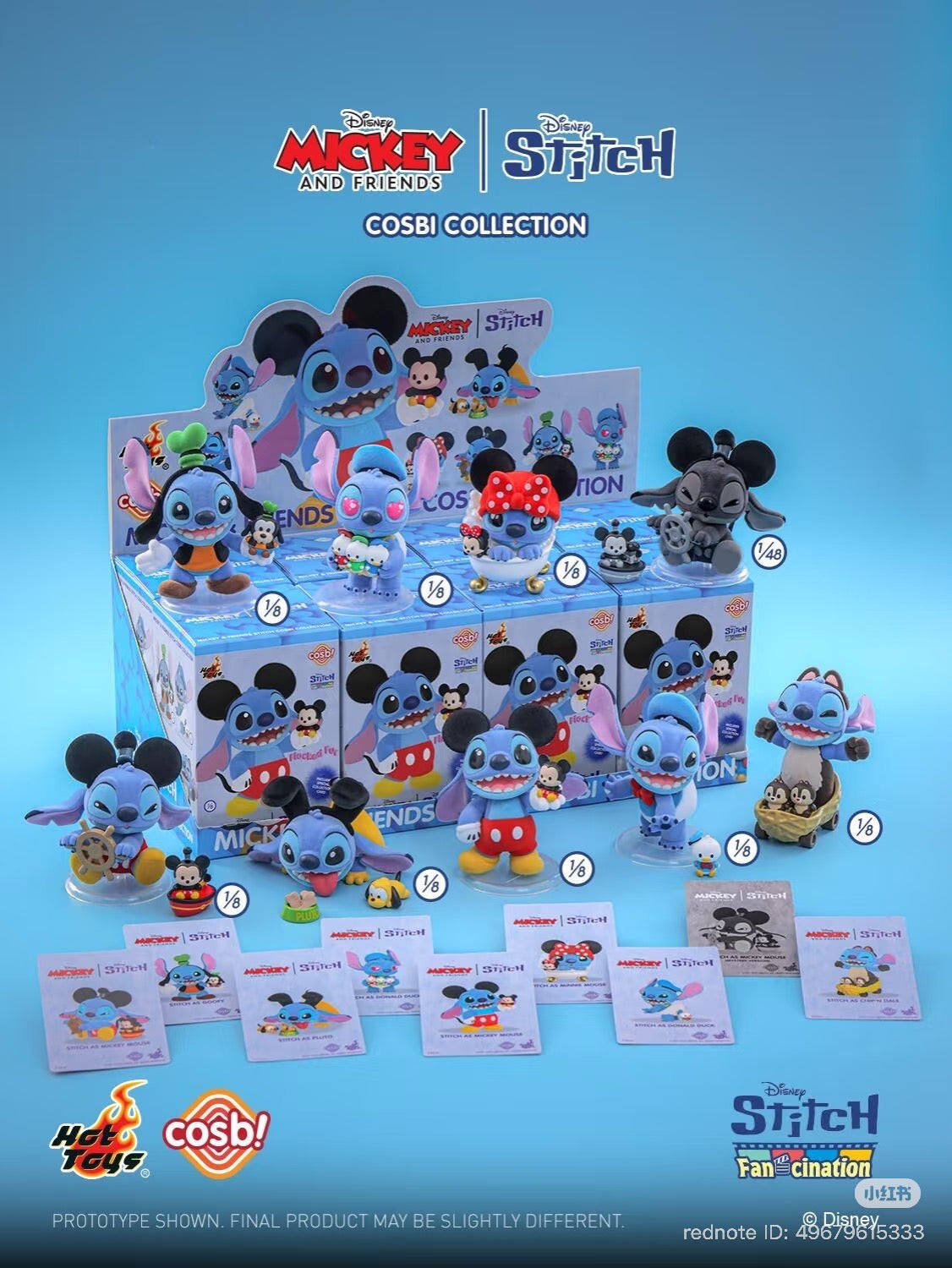 Stitch Fan-Cination Mickey & Friends Stitch Cosbi Collection figurines displayed with packaging and rarity odds, showcasing various Mickey & Friends character designs. Preorder for Q4 2025.