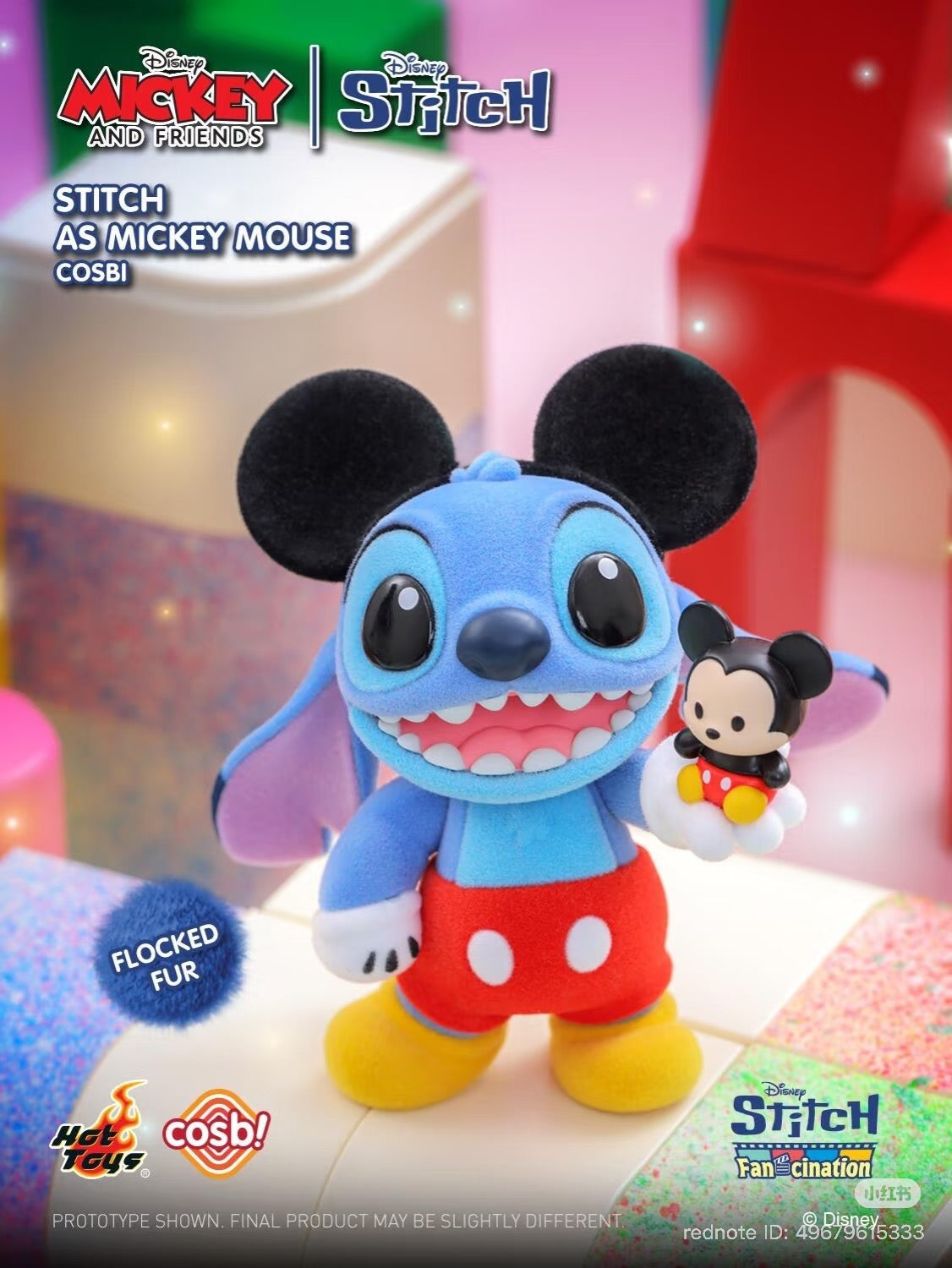 Stitch dressed as Mickey Mouse, part of the Stitch Fan-Cination Mickey & Friends Cosbi Collection, featuring flocked fur and a mini Mickey figure.