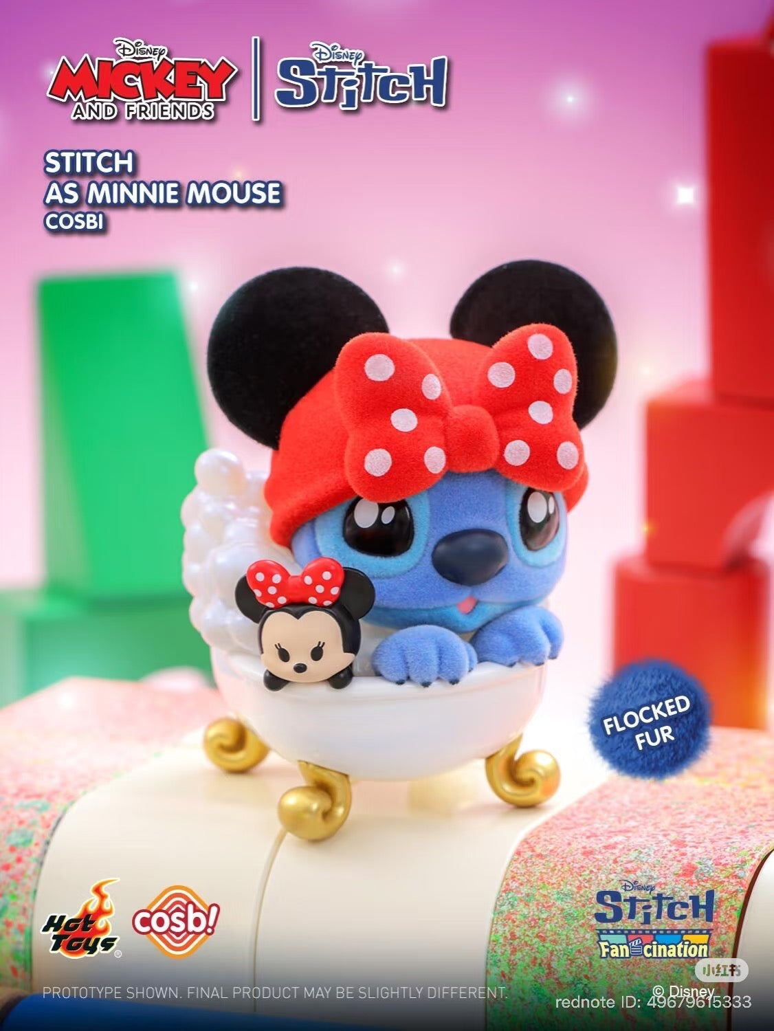 Stitch dressed as Minnie Mouse in a chibi form, part of the Stitch Fan-Cination Mickey & Friends Cosbi Collection by Hot Toys, available for preorder.