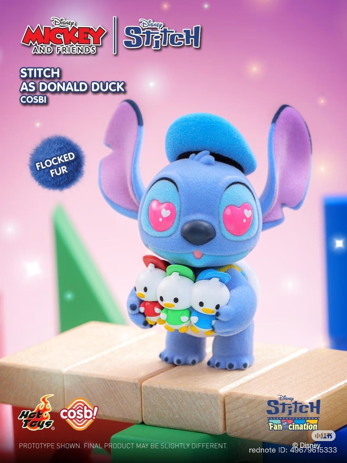 Stitch Fan-Cination Mickey & Friends Stitch Cosbi Collection: Flocked Stitch as Donald Duck, holding Huey, Dewey, Louie. Hot Toys COSBI prototype. Preorder now.