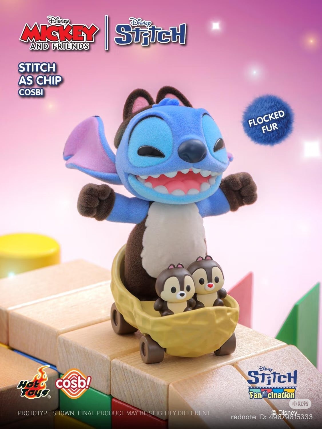 Stitch as Chip collectible in acorn cart with Chip and Dale, from the Stitch Fan-Cination Mickey & Friends Stitch Cosbi Collection by Hot Toys.