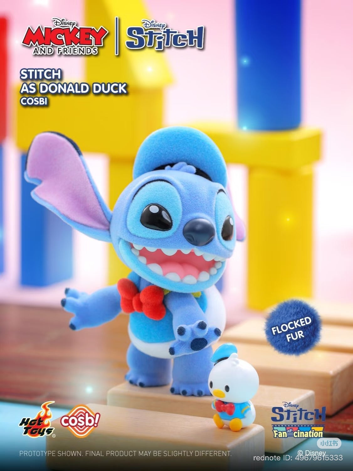Stitch Fan-Cination Mickey & Friends Stitch Cosbi Collection features Stitch in Donald Duck’s outfit with a chibi Donald Duck figure, part of Strangecat Toys' blind box series.