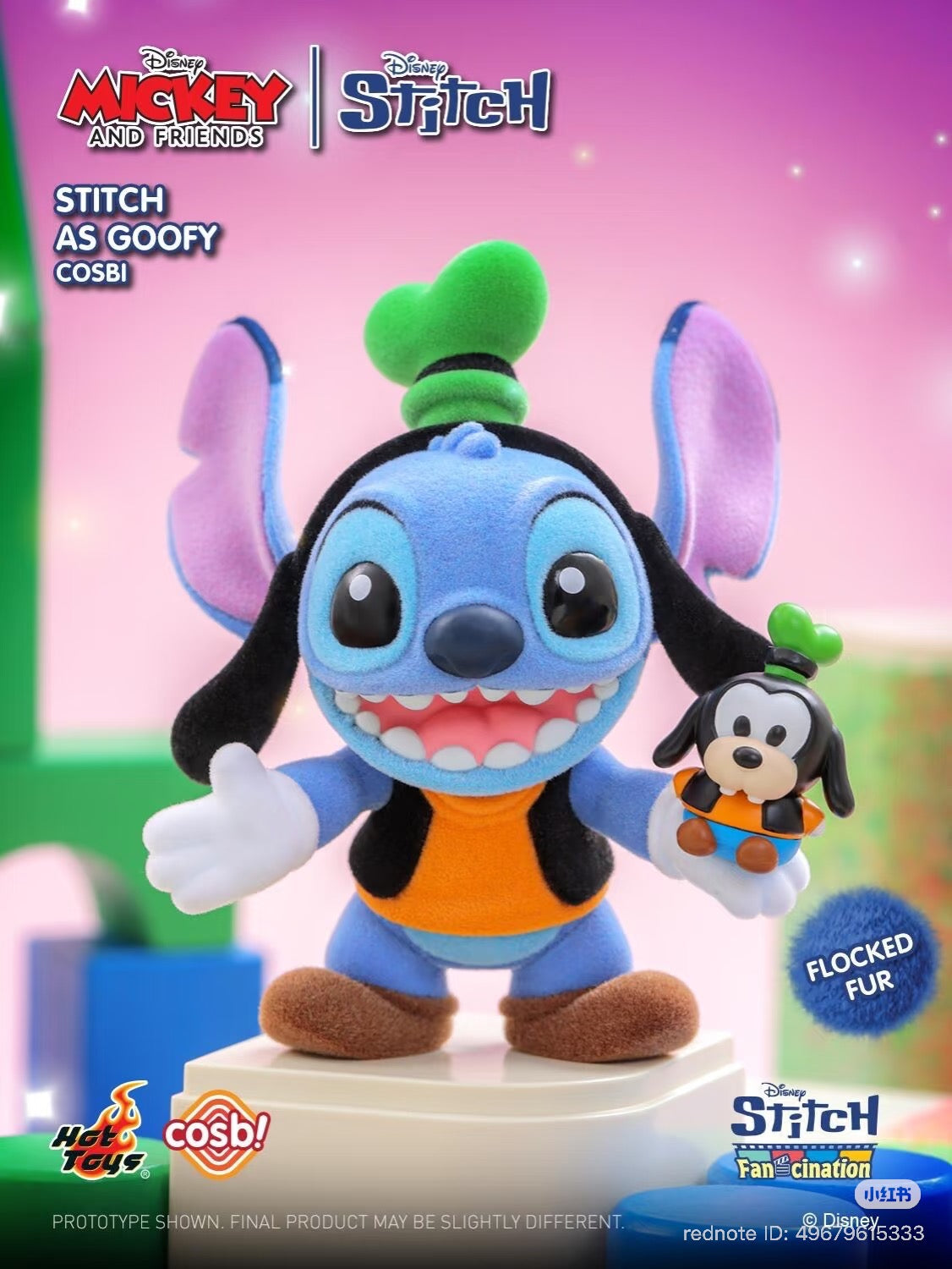 Stitch dressed as Goofy in the Stitch Fan-Cination Mickey & Friends Stitch Cosbi Collection, featuring flocked fur and a mini-Goofy figure. Preorder available at Strangecat Toys.