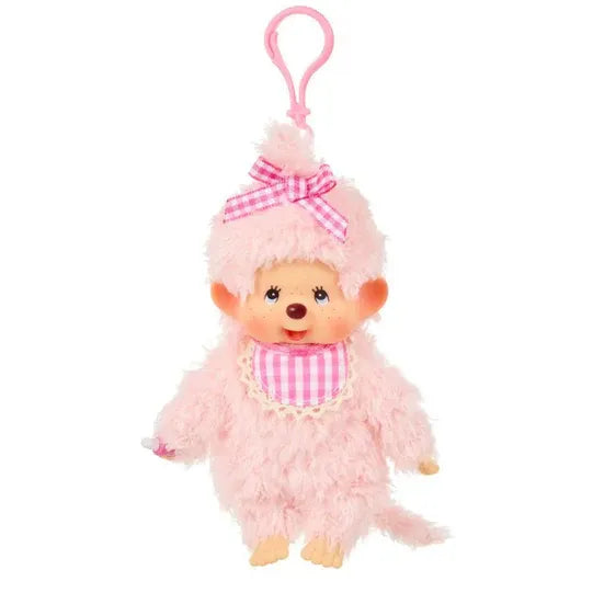 Monchhichi Fluffy Pink Beige Girl Plush Doll Keychain, 4 tall, featuring a fuzzy monkey-like design with a gingham bow and bib, plus a clip for hanging.