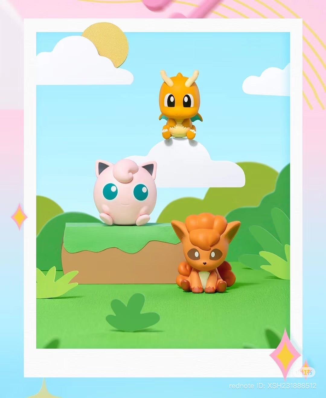 Three chibi Pokémon figures—Vulpix, Jigglypuff, and Dragonite—posed in a stylized diorama from the Pokémon Mini Adventure Series 3 Display Figure.