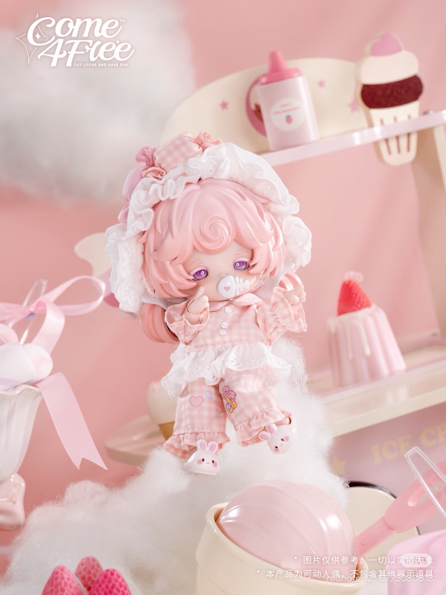 Collectible Bonnie's Fourth Generation Dream Pastry Series BJD doll in pink pajamas with bunny slippers, surrounded by candy-themed props, showcasing Strangecat Toys' whimsical art toys.
