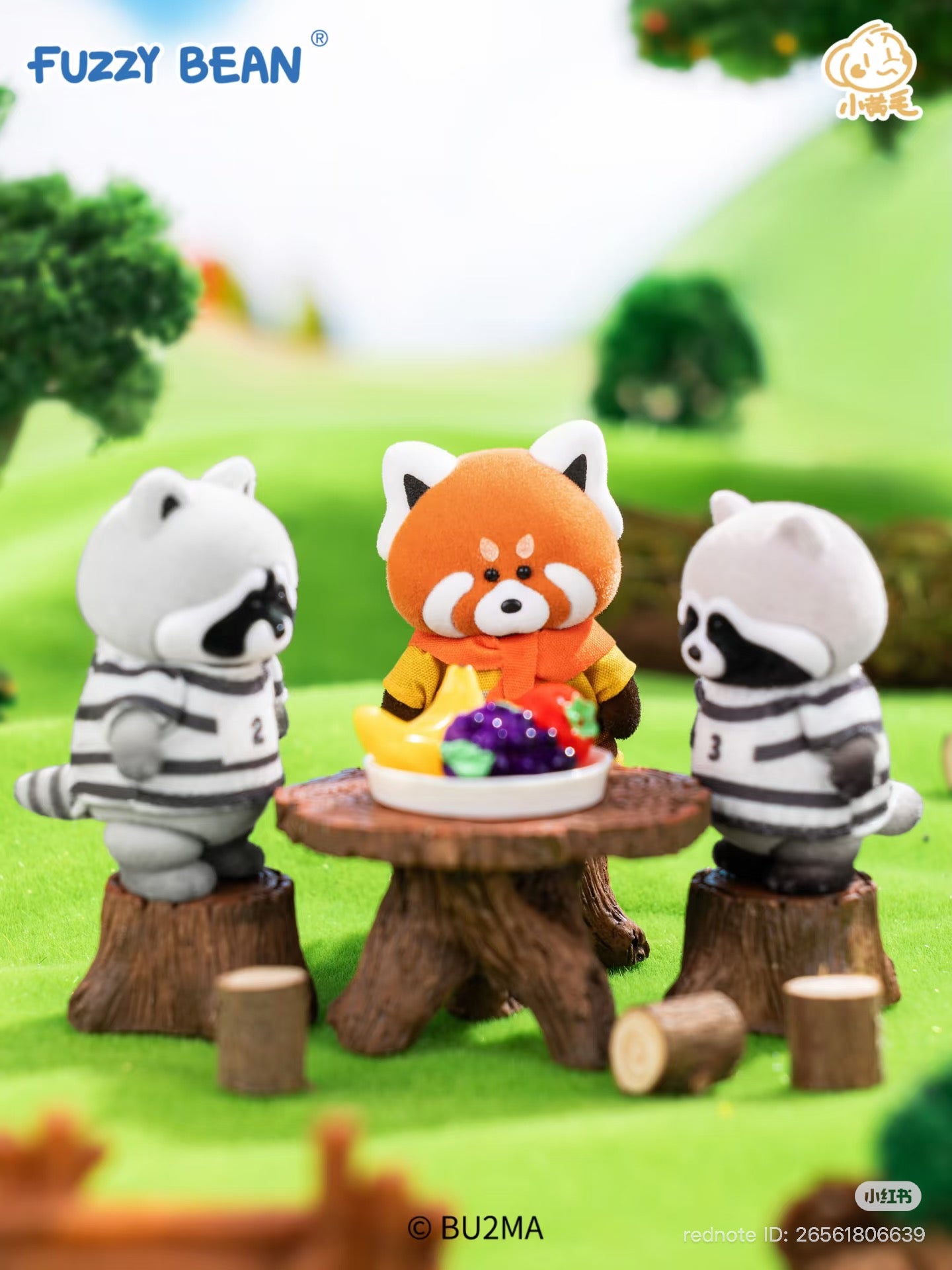 Fuzzy Bean: Tiger & Forest Neighbors Series Blind Box Figures featuring a red-panda and raccoon characters around a tree-stump table with toy fruit.