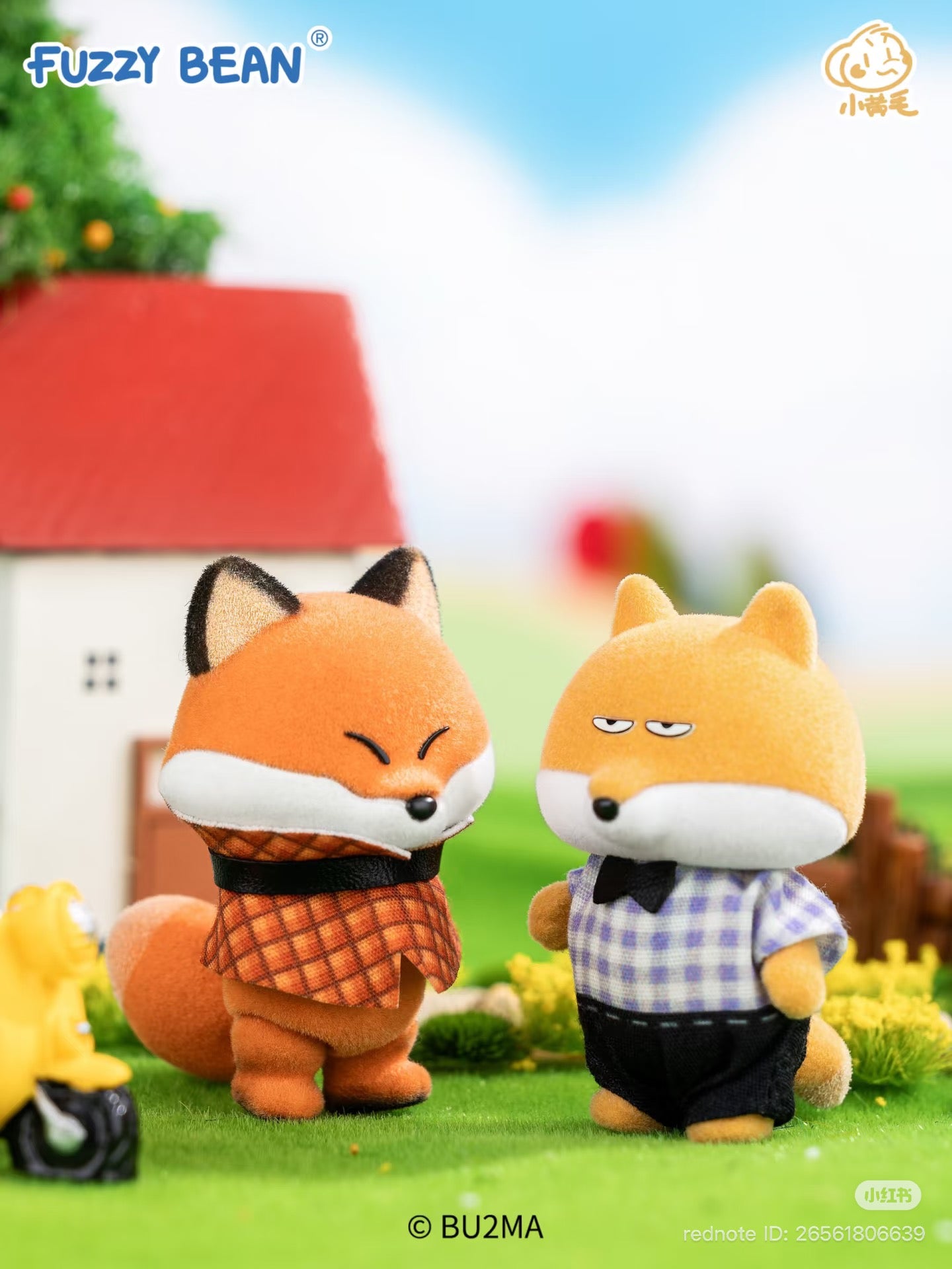 Fuzzy Bean: Tiger & Forest Neighbors Series Blind Box Figures featuring two flocked fox figurines in a diorama, showcasing collectible art toys from Strangecat Toys.
