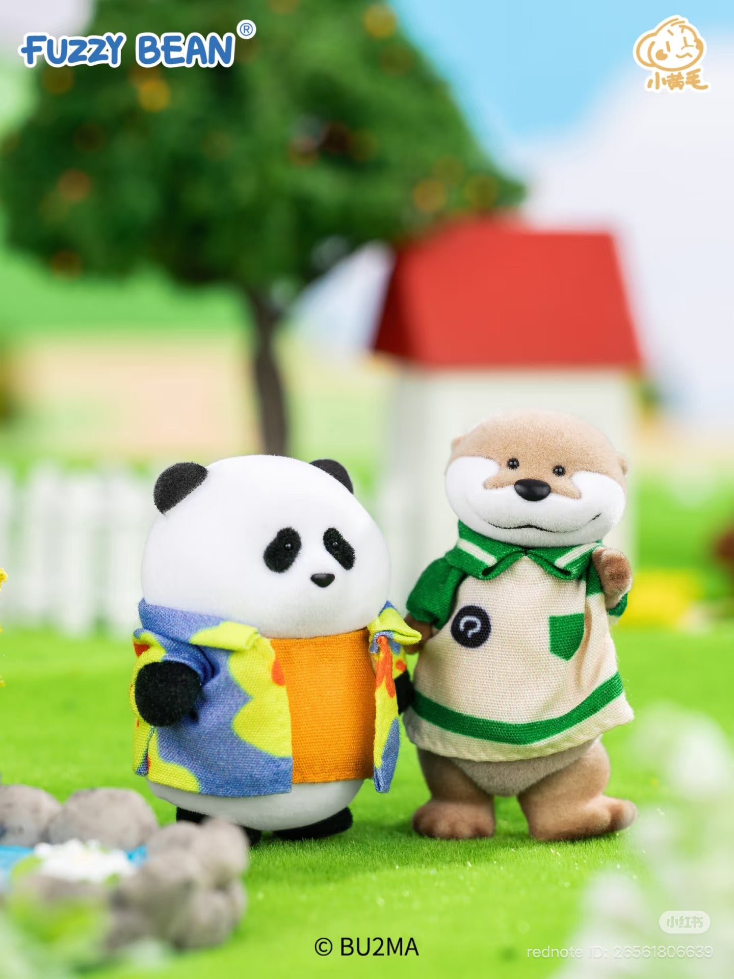Fuzzy Bean: Tiger & Forest Neighbors Series figures on display, featuring a plush panda and otter amidst a playful outdoor scene with pond and toy house.