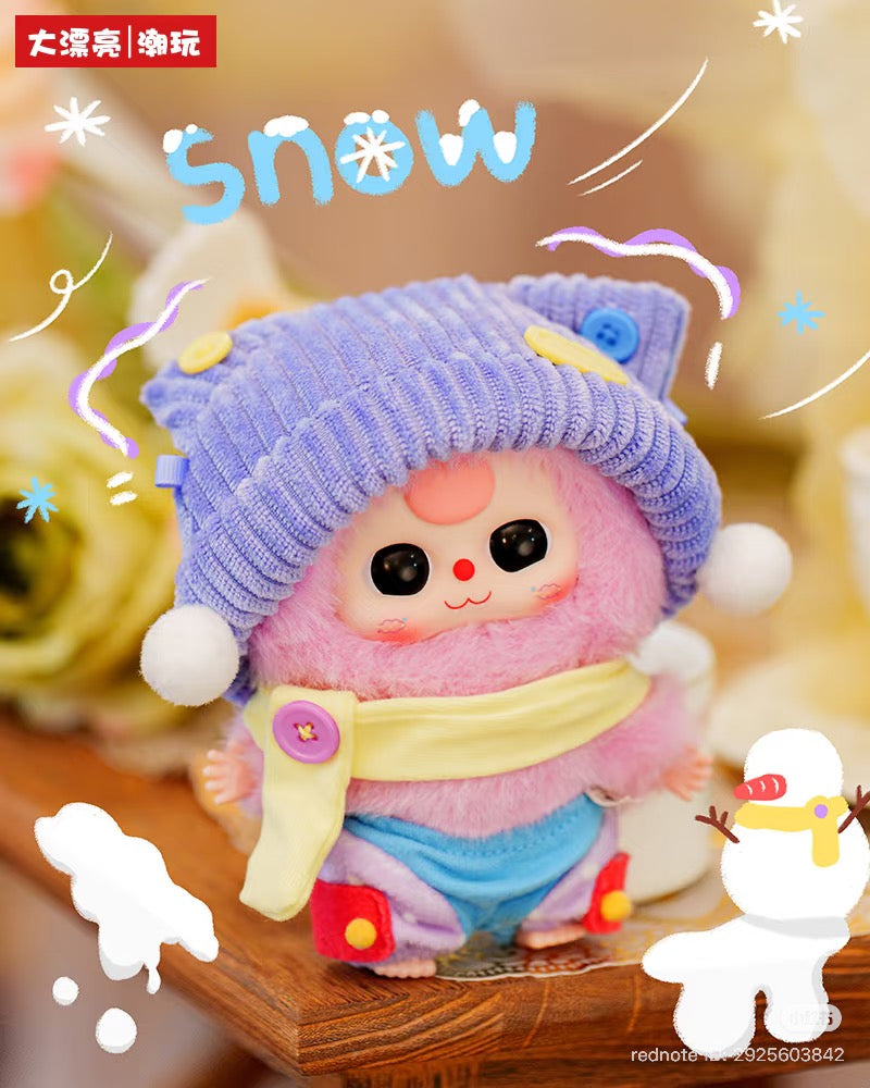 Baby Three - Sweet Dreams Plush Blind Box: A pink kawaii plush with winter attire, featuring a lavender beanie, yellow scarf, and playful wintry doodles.