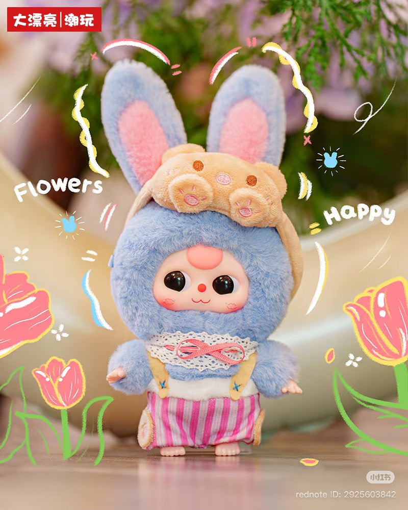 Baby Three - Sweet Dreams Plush Blind Box: a kawaii bunny-themed plush with a fluffy body, lace collar, and striped overalls, surrounded by hand-drawn doodles.