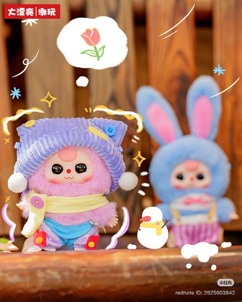 Two kawaii plush figurines from the Baby Three - Sweet Dreams Plush Blind Box series, featuring colorful outfits and playful doodles in a whimsical setting.