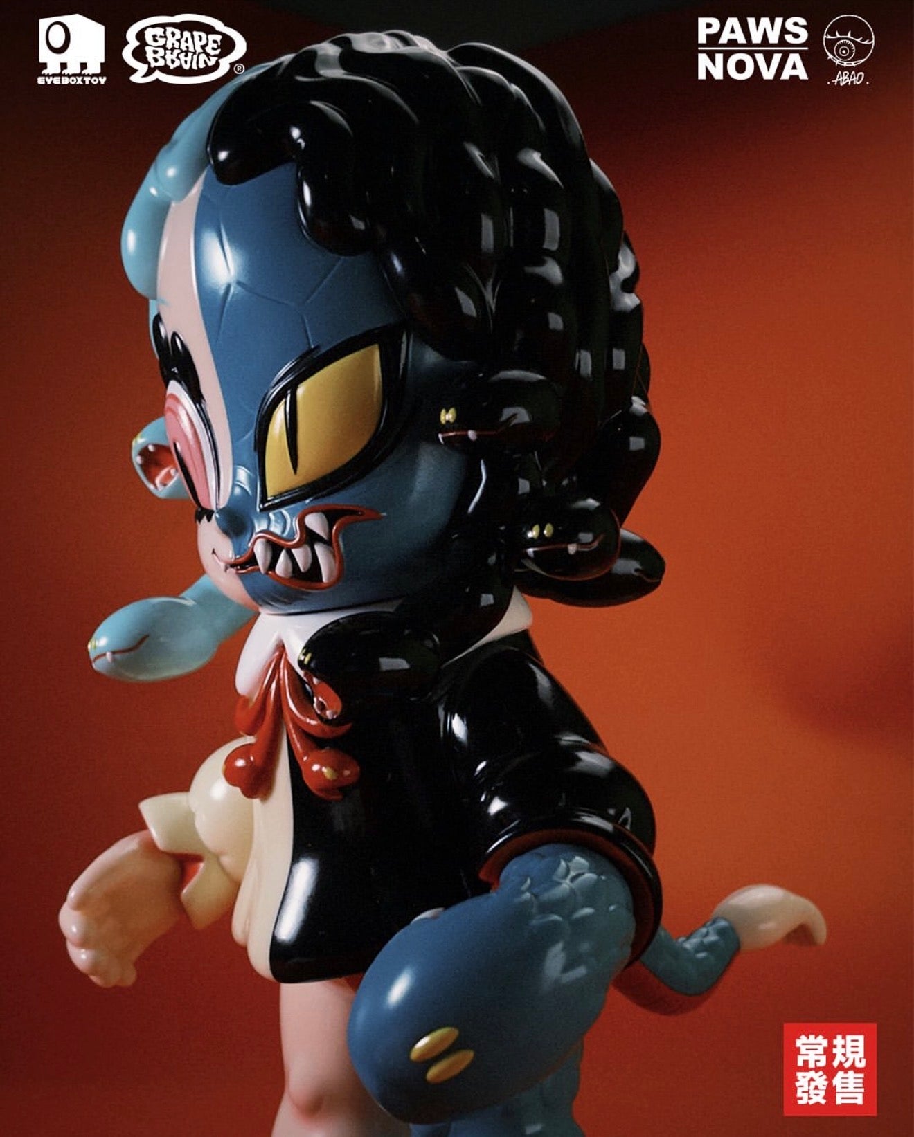 ABAO x GRAPEBRAIN - MIMIMISASA vinyl toy preorder, featuring a dual-tone, mythological-inspired figure with mismatched eyes, jagged teeth, and unique crab-like claw.