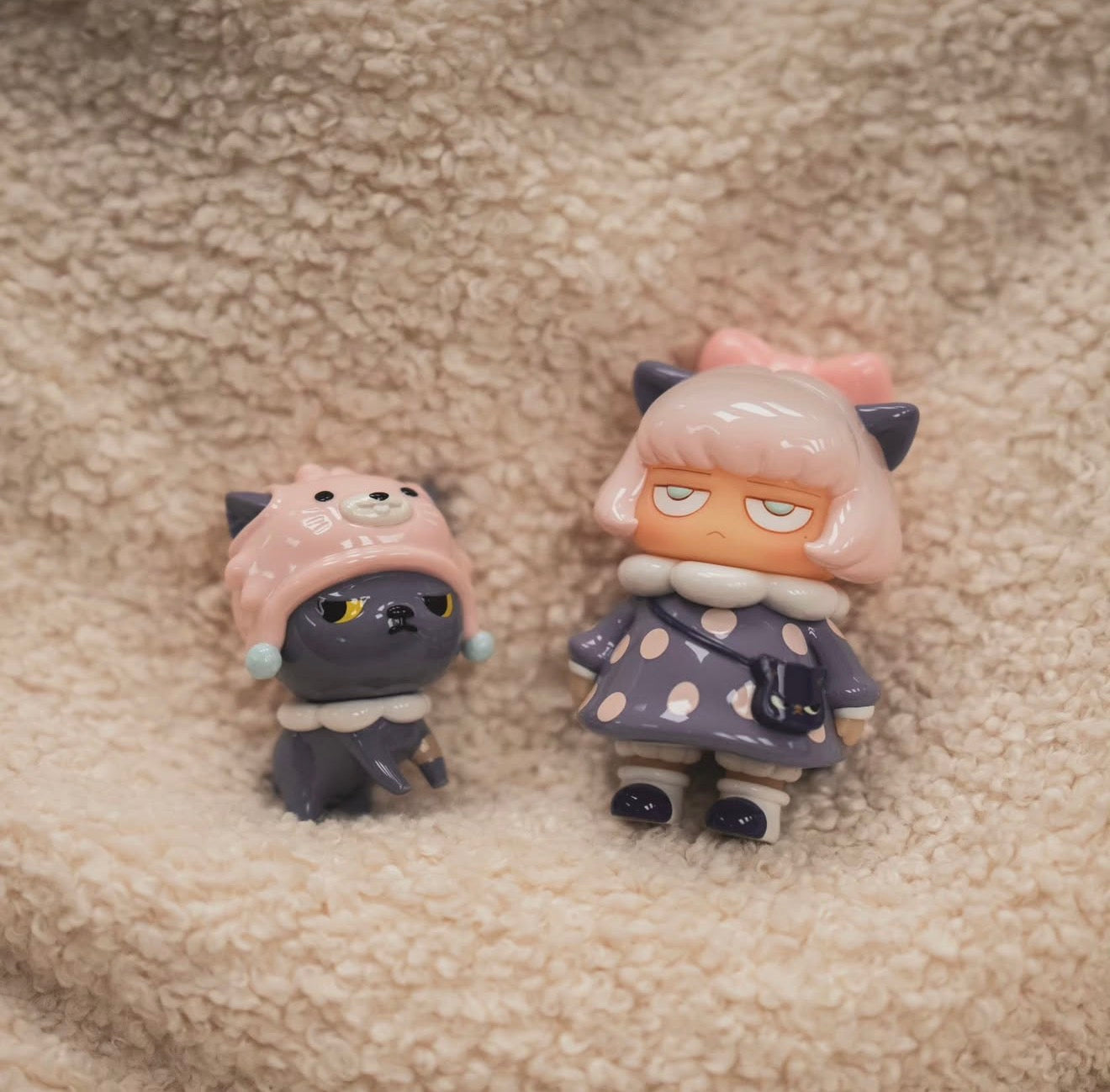 Poh x Morimei works Soft Vinyl Set 2 - Preorder featuring a gray cat with a bear hat and a girl with cat ears and a polka-dot dress.