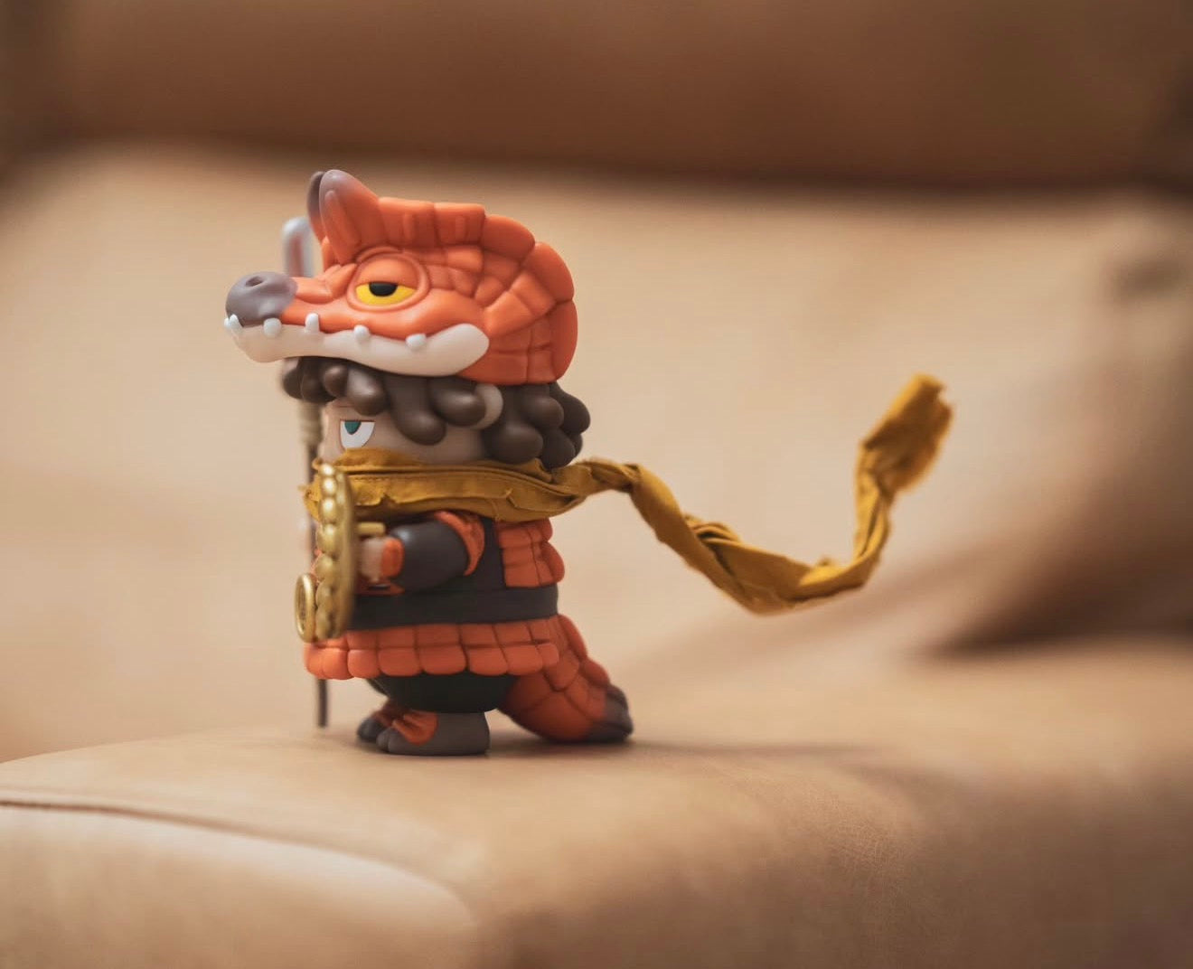 Poh x Booker Warrior figurine, featuring a reptile-head helmet and armor, holding a shield, available for preorder at Strangecat Toys. Limit one per household.