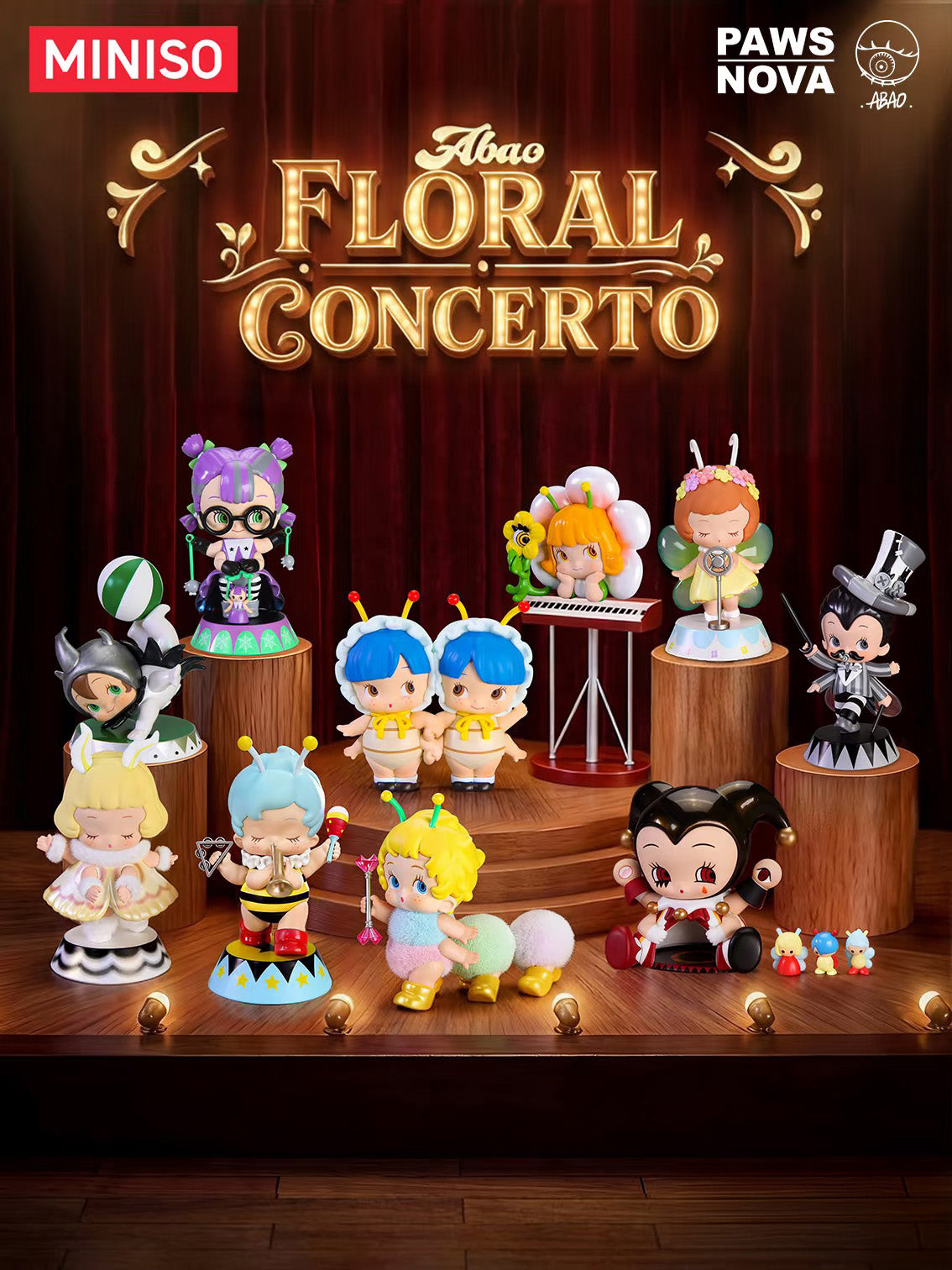 “Abao Floral Concerto” collectible figurines displayed on wooden stage, featuring whimsical flower and insect themes, each playing instruments. Preorder includes 9 designs, 1 secret.