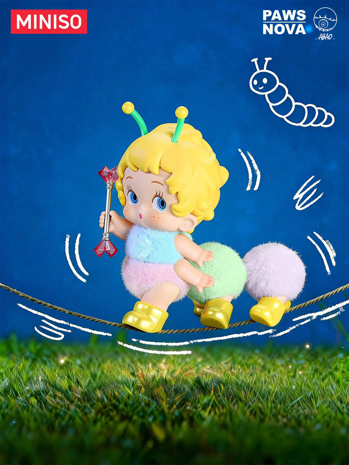 Floral Concerto by Abao: A chibi figure in a fuzzy caterpillar suit with gold boots and red crystal staff, poised on a rope.
