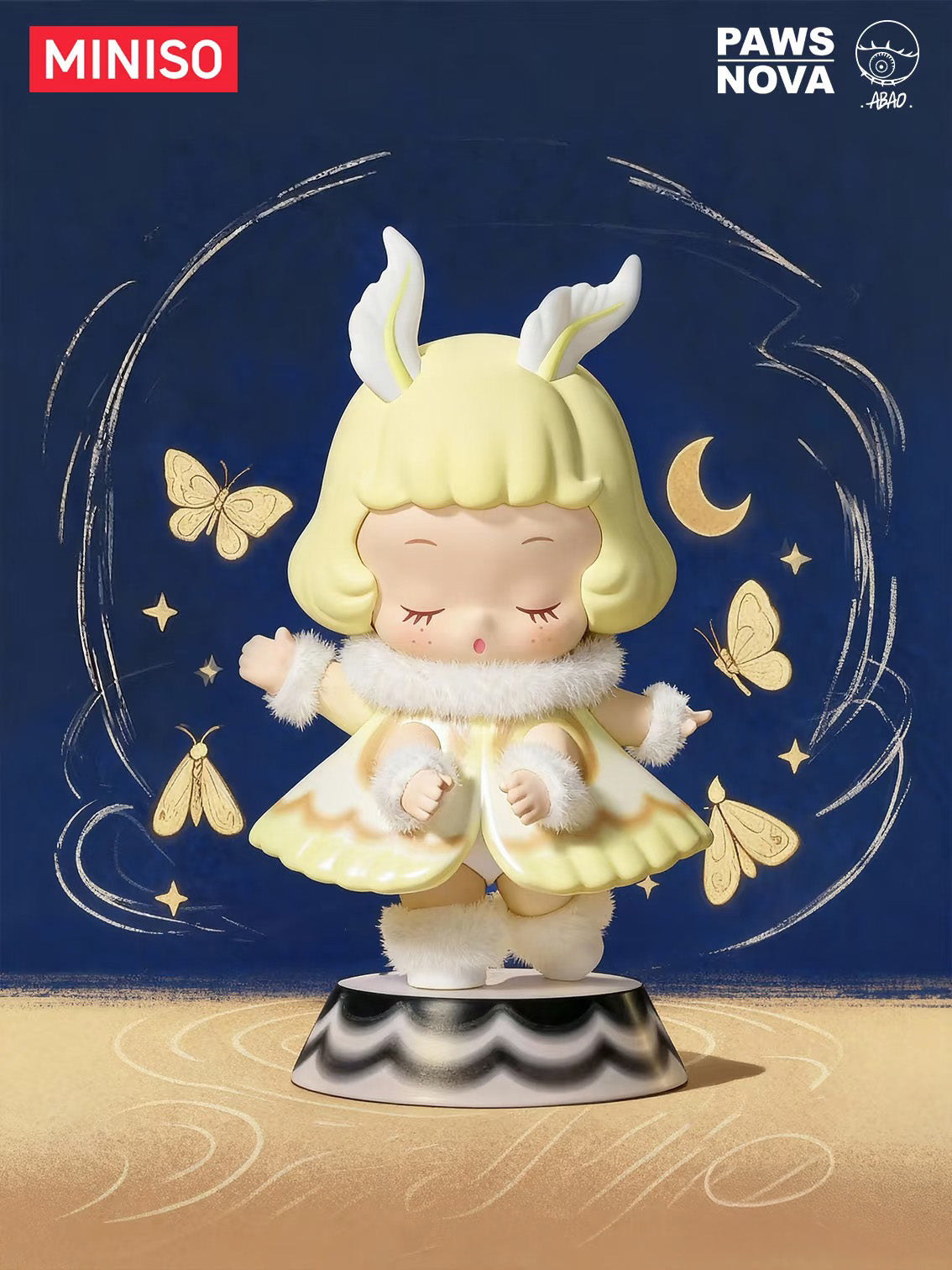 Floral Concerto by Abao: A chibi-style girl vinyl figure with rabbit ears, wearing a winter cape, surrounded by golden celestial motifs.