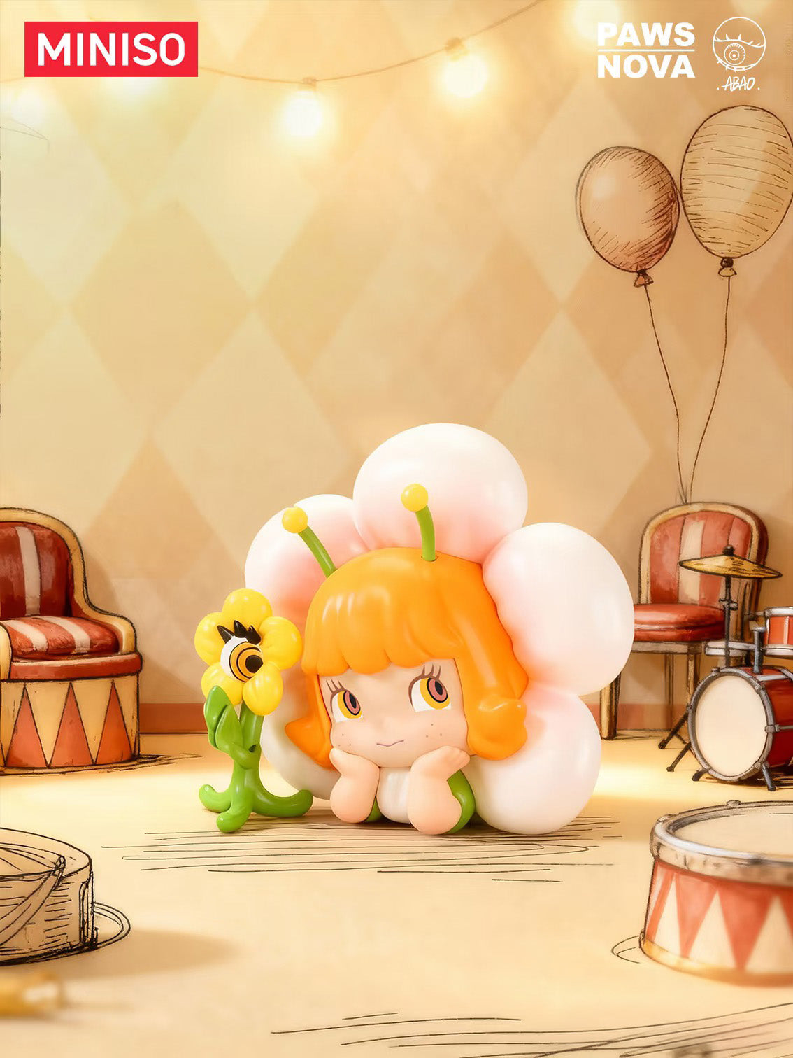 Floral Concerto by Abao: A collectible figure featuring a flower-themed character with an orange bob, and a sunflower-like companion, set in a whimsical stage-like scene.