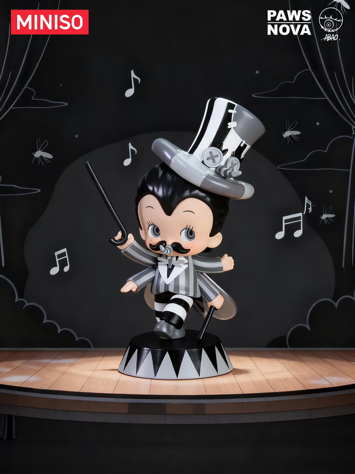 Vinyl figurine Floral Concerto by Abao as a ringmaster/dancer in striped suit, top hat, with canes, posed on a circus-style base.