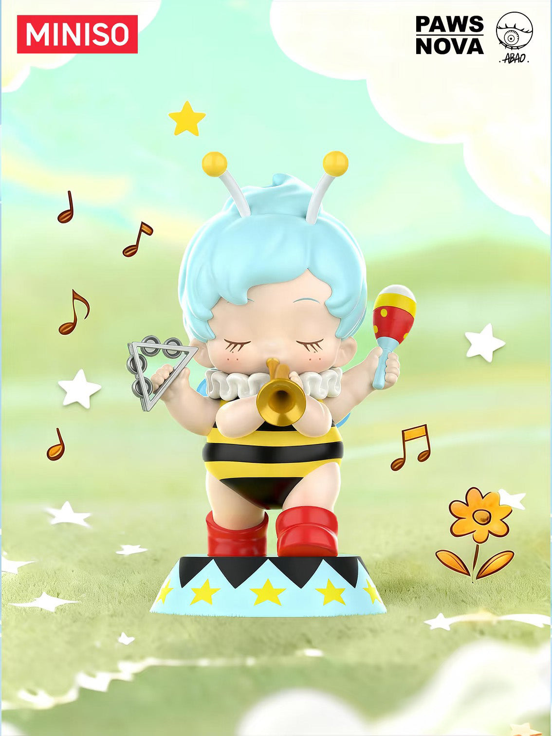 Floral Concerto by Abao: A chibi bee figure with instruments, part of a limited collectible series, available for preorder at Strangecat Toys.