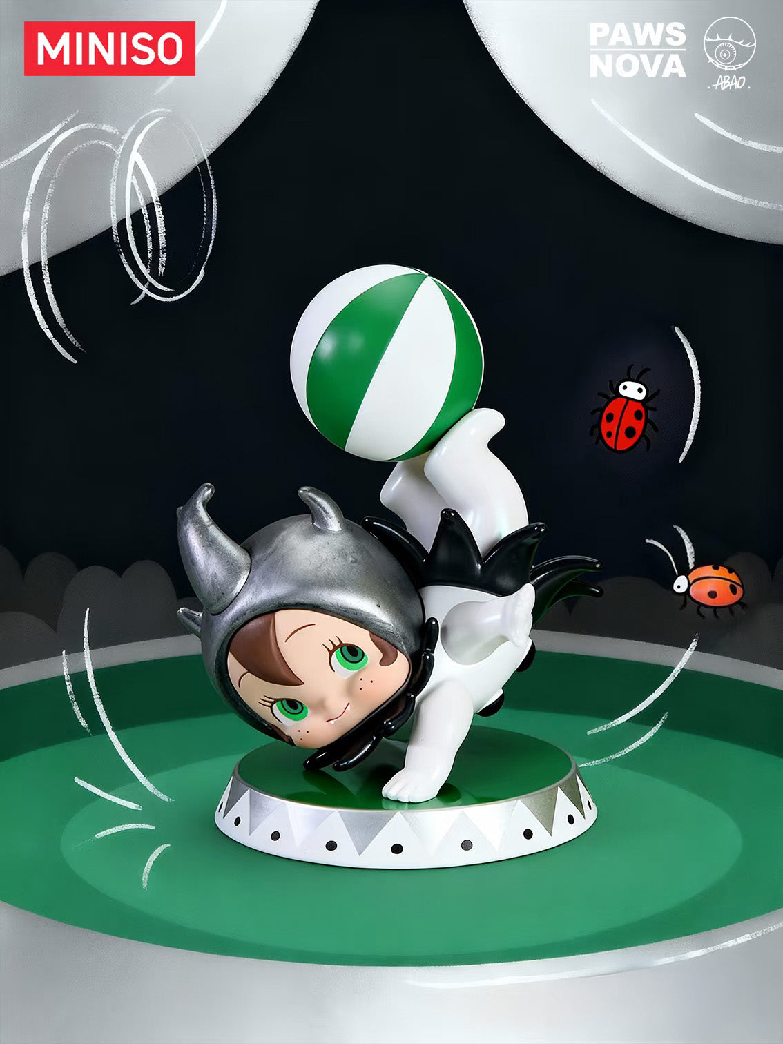 Floral Concerto by Abao collectible figure, handstanding with a striped ball, features a silvery horned helmet and black-and-white outfit, mounted on a display base.