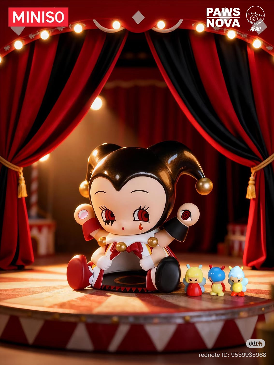 Floral Concerto by Abao: Glossy jester vinyl figure on circus platform, with red eyes, gold accents, and colorful companions; Miniso and Paws Nova collaboration.