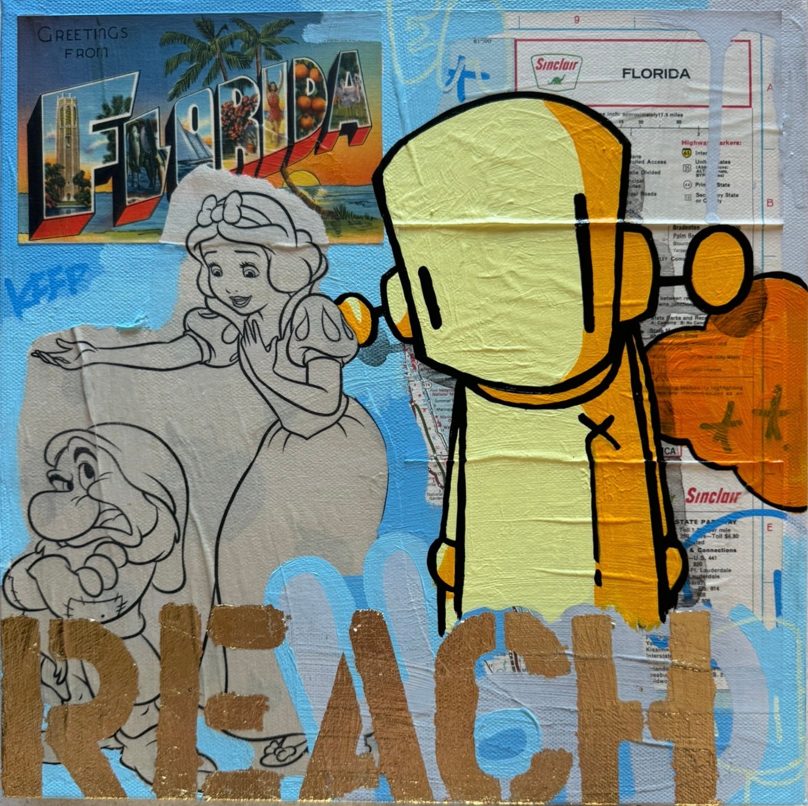 Collage of cartoon characters on a 12x12 mixed media canvas, titled 'Reach for Gold' by Chris RWK.
